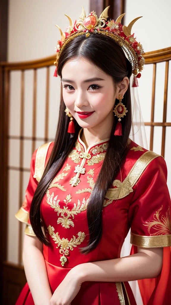 (8k, RAW Photo, Best Quality, Masterpiece: 1.2), (Realistic, Realistic: 1.37), 1 Girl, Woman in Red Dress and Headdress Posing for Photo, Gorgeous Role Play, Beautiful Costume, Chinese Dress, Complex Dress, Complex Costume, Traditional Beauty, Gorgeous Chinese Model, Chinese Costume, Wearing Gorgeous Costume, Wearing Elegant Chinese Xiuhe Dress, Chinese Wedding Dress, Phoenix Crown Xia Hanging, Antique Bride, Xiuhe Costume, Close Up, Wearing Phoenix Crown, Smile, No Watermark, Dragon and phoenix embroidered dress, medium chest