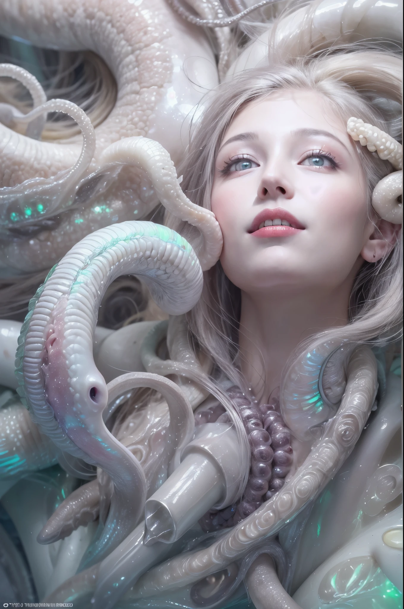 (A portrait of one beautiful and obscene female alien who is a young teenager:1.4), ((There is a female genital-like organ in the middle of her forehead:1.8)), (realistic face:1.2), (Numerous award-winning masterpieces, with incredible detail, textures and maximum detail), artistic photography, midnight aura, unreal engine 5, Ultra Sharp Focus, art by Amano Yoshitaka, ArtGerm, Roisch, intricate artwork, ultra realistic realism, high resolution, High freshness, drawing faithfully, official art, Unity 8K Wall paper, ultra detailed artistic photography, dream-like, Creation of fantasy, dream Snail, (biopunk nautilus:1.3),Thrilling color schemes, seductively smiling, Amazing mutation, well-proportioned body, goddess of the deep sea, fractal, Geometric pattern, impossible figures, (translucent white tentacles with luminescent organs:1.4), subtle emerald green accents, (smiling seductively:1.3),(She has the most beautiful face in the history of the universe:1.5), Penelope Cruz, (she is looking down at viewers with glowing iridescent eyes with no pupils:1.3), an evil gaze that seduces, cinematic lighting, (Vampire-like long canine teeth can be glimpsed through the gap between the cute lips:1.3), in the hall of the palace, Sweet breath is exhaling from beautiful lips, ecstatic expression