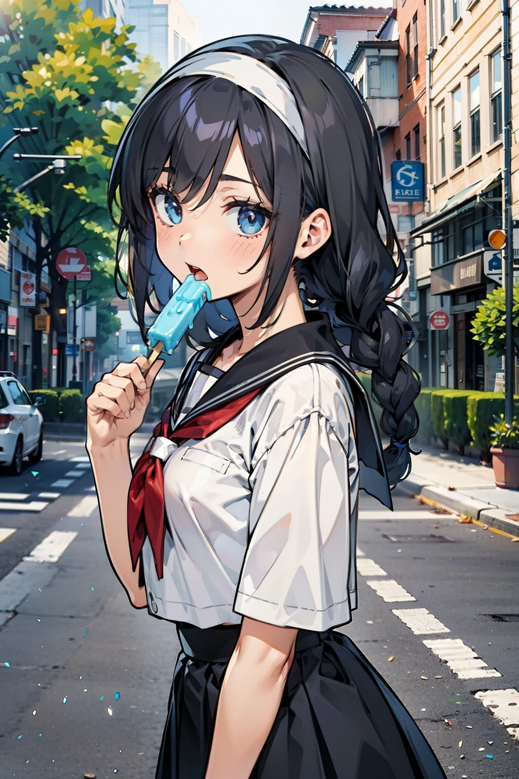 Body 8 times longer than head, (High-definition CG Unity 8K), (highest quality),(very detailed),(ultra high resolution), black hair, High school girl wearing a navy sailor suit, anime 2d rendering, realistic young anime , ((white headband)), small breasts, expensive, slanted eyes, (school scenery), black stockings, bright colors, open your mouth a little, dark blue skirt, braid hair, Put popsicles in your mouth,