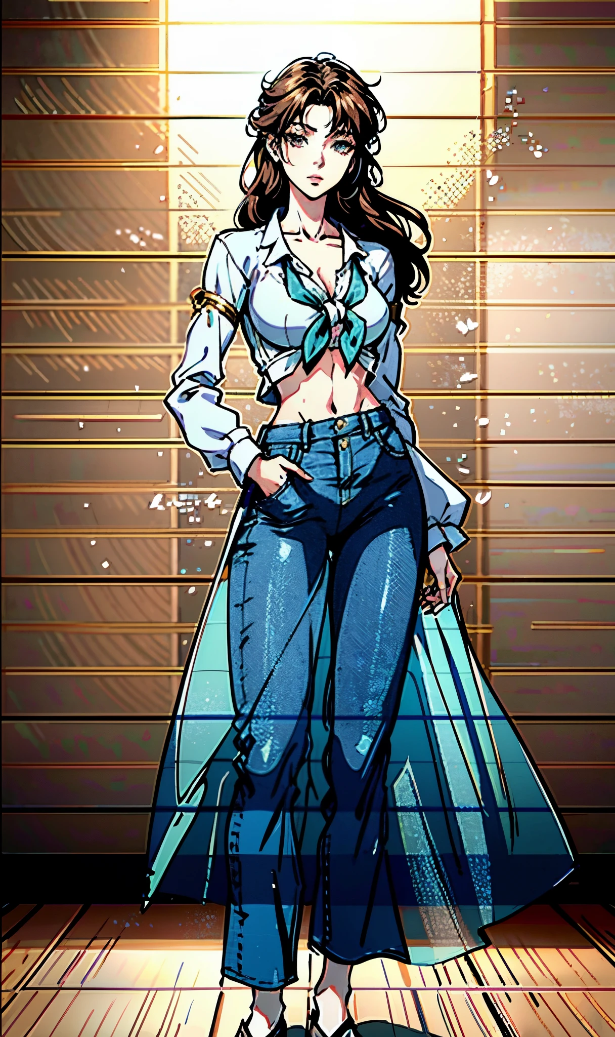 A woman with light brown long hair, a delicate face, a blank look in her eyes, a slender and firm dancer's figure, a fantasy-realistic style outfit, she ties a French shirt at her chest, revealing her graceful waistline, she wears tight jeans on her lower body, a flowing skirt is gracefully tied around her waist, she walks leisurely in a fantasy-style town, this character embodies a finely crafted fantasy-realistic style female dancer in anime style, exquisite and mature manga art style, beautiful woman, high definition, best quality, highres, ultra-detailed, ultra-fine painting, extremely delicate, professional, anatomically correct, symmetrical face, extremely detailed eyes and face, high quality eyes, creativity, RAW photo, UHD, 8k, Natural light, cinematic lighting, masterpiece-anatomy-perfect, masterpiece:1.5
