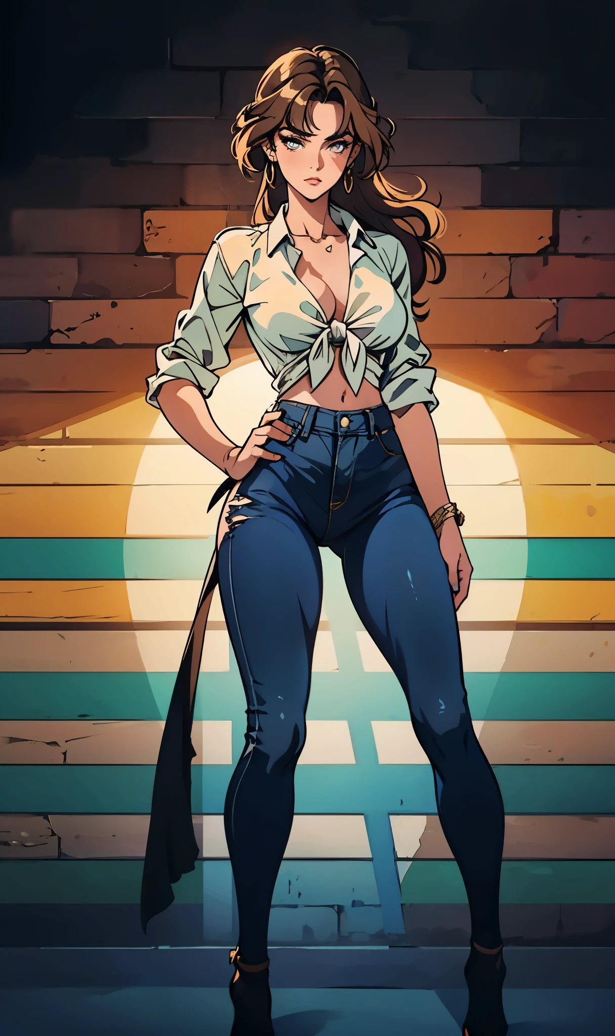 A woman with light brown long hair, a delicate face, a blank look in her eyes, a slender and firm dancer's figure, a fantasy-realistic style outfit, she ties a French shirt at her chest, revealing her graceful waistline, she wears tight jeans on her lower body, a flowing skirt is gracefully tied around her waist, she walks leisurely in a fantasy-style town, this character embodies a finely crafted fantasy-realistic style female dancer in anime style, exquisite and mature manga art style, beautiful woman, high definition, best quality, highres, ultra-detailed, ultra-fine painting, extremely delicate, professional, anatomically correct, symmetrical face, extremely detailed eyes and face, high quality eyes, creativity, RAW photo, UHD, 8k, Natural light, cinematic lighting, masterpiece-anatomy-perfect, masterpiece:1.5