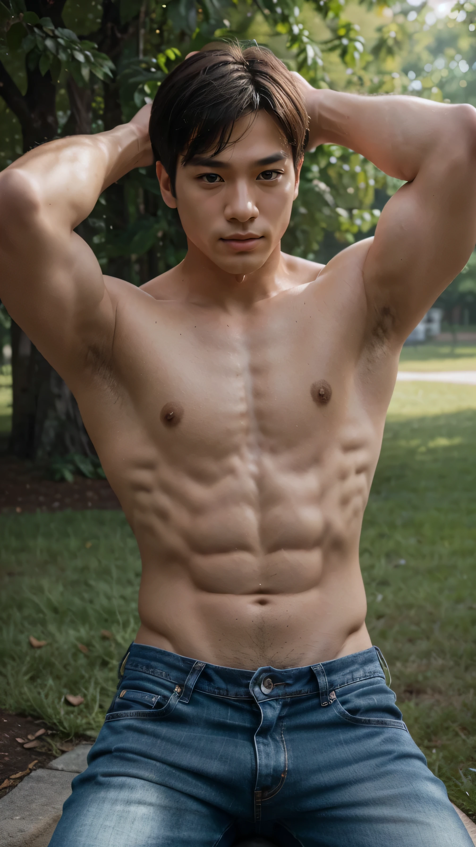 Create an image of a masterpiece, a beautifully intricate and delicate portrait of a solo young man (1.5), (best quality:1.2), with ultra high resolution and raw, photorealistic detail (1.4). Capture his image at 8k, bathed in cinematic and beautiful lighting, illuminated by professional and physically-based rendering techniques such as photon mapping and radiosity. Detailed facial features with expressive eyes, Korean men wearing short jeans is posing to show off his muscles, six-pack belly, shirtless, in a park with fresh green trees, and high definition detail, ensure that every element of this image exudes sensual