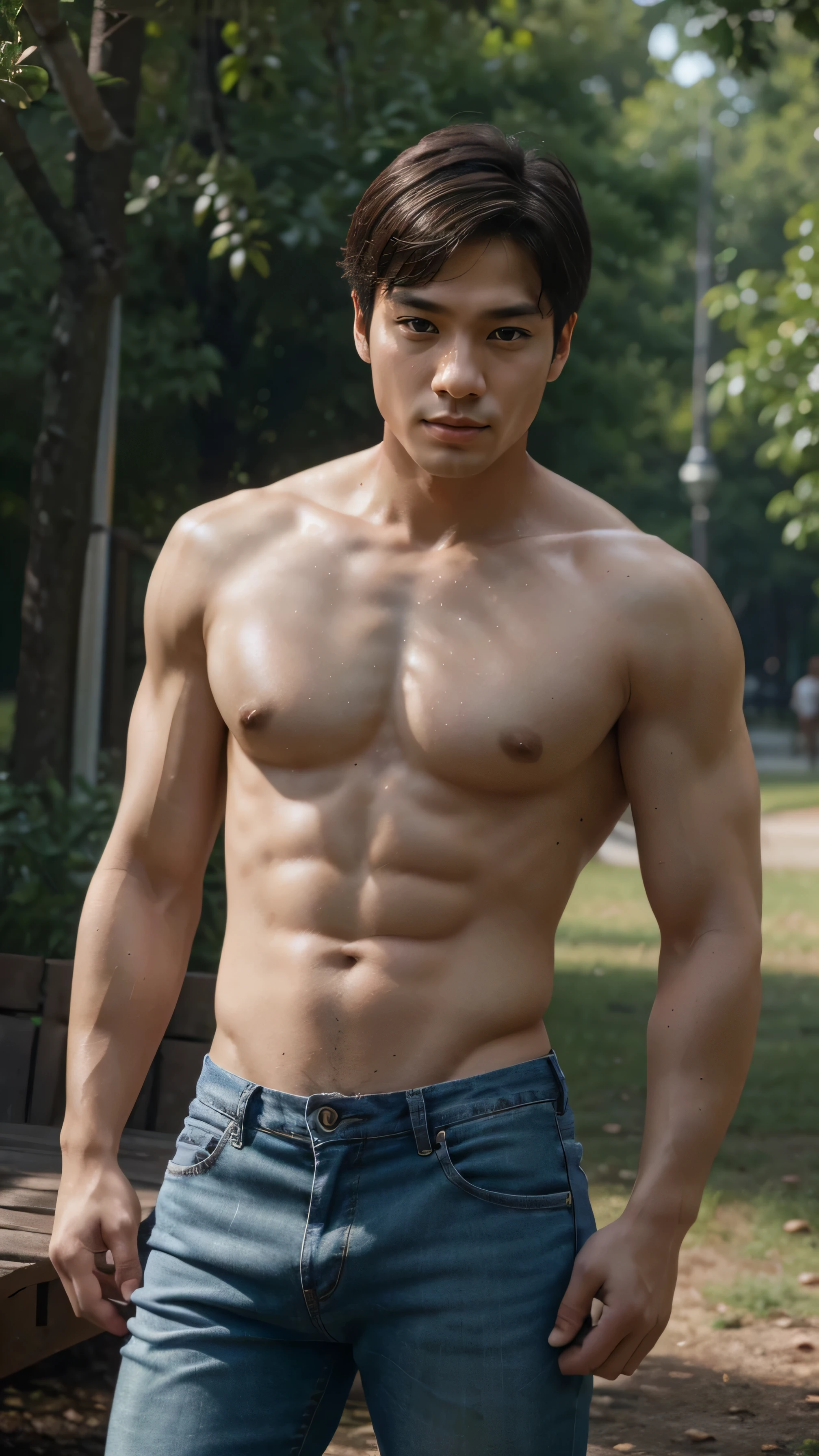 Create an image of a masterpiece, a beautifully intricate and delicate portrait of a solo young man (1.5), (best quality:1.2), with ultra high resolution and raw, photorealistic detail (1.4). Capture his image at 8k, bathed in cinematic and beautiful lighting, illuminated by professional and physically-based rendering techniques such as photon mapping and radiosity. Detailed facial features with expressive eyes, Korean men wearing short jeans is posing to show off his muscles, six-pack belly, shirtless, in a park with fresh green trees, and high definition detail, ensure that every element of this image exudes sensual