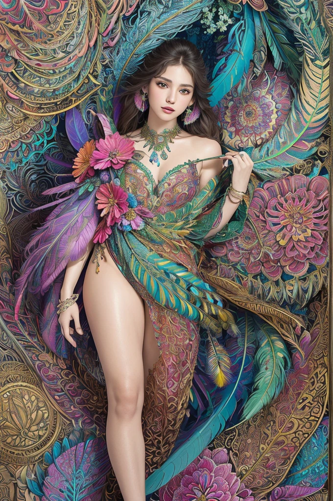 (masterpiece, top quality, best quality, official art, beautiful and aesthetic:1.2), (1girl:1.3), extremely detailed,(fractal art:1.1),(colorful:1.1)(flowers:1.3),highest detailed,(zentangle:1.2), full body, (abstract background:1.3), (shiny skin), (many colors:1.4), ,(earrings), (feathers:1.5),