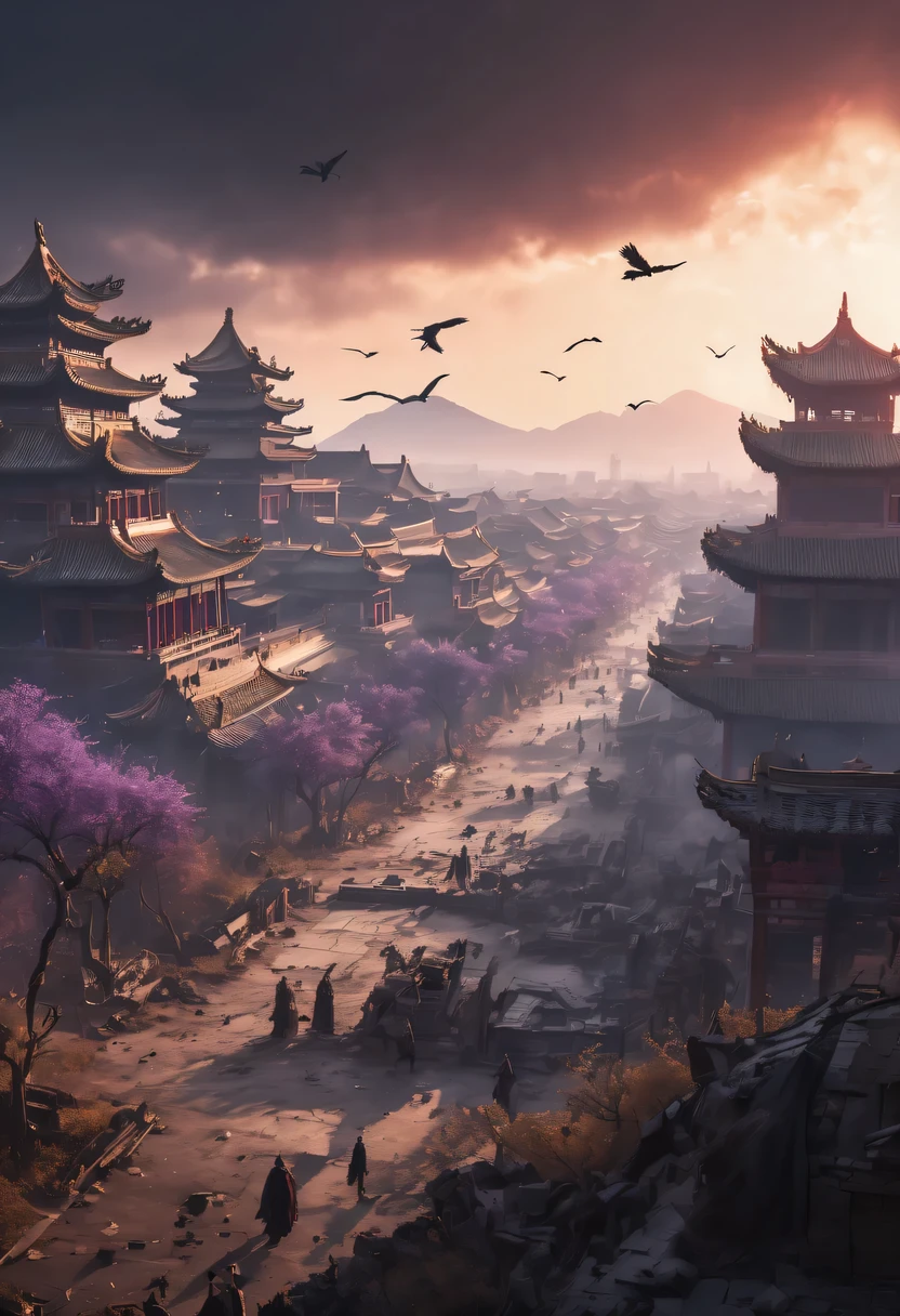 (best quality,4K,8k,high resolution,masterpiece:1.2), Super detailed, (actual,photoactual,photo-actual:1.37), future warrior, Bare tree, Old crow, West Wind Ancient Road, stare into the distance, sunset in ancient capital, well worn, mottled city wall, Overgrowth and wildfires, quiet and desolate, the forbidden city, Purple tone, Faded sunlight, Flashing shadows, birds flying at dusk, desolation and tranquility, Heroic and powerful, cold metal armor, glowing energy weapon, post apocalyptic background, future technology, neon lights, towering skyscrapers, floating hologram, Dystopian atmosphere, Last hope, Determination and resilience, The expression is solemn, fierce battle scenes, swirling dust and debris, ruins and wreckage, contrast between light and dark, Dramatic perspective, epic and monumental, vast and vast landscape, gloomy color scheme, Cinema-level lighting effects, Billions of years of history, Fusion of past and future.