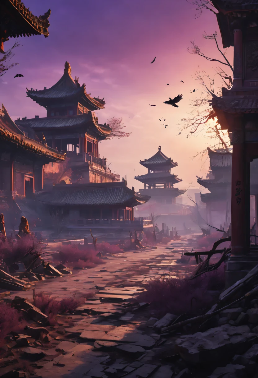 (best quality,4K,8k,high resolution,masterpiece:1.2), Super detailed, (actual,photoactual,photo-actual:1.37), future warrior, Bare tree, Old crow, West Wind Ancient Road, stare into the distance, sunset in ancient capital, well worn, mottled city wall, Overgrowth and wildfires, quiet and desolate, the forbidden city, Purple tone, Faded sunlight, Flashing shadows, birds flying at dusk, desolation and tranquility, Heroic and powerful, cold metal armor, glowing energy weapon, post apocalyptic background, future technology, neon lights, towering skyscrapers, floating hologram, Dystopian atmosphere, Last hope, Determination and resilience, The expression is solemn, fierce battle scenes, swirling dust and debris, ruins and wreckage, contrast between light and dark, Dramatic perspective, epic and monumental, vast and vast landscape, gloomy color scheme, Cinema-level lighting effects, Billions of years of history, Fusion of past and future.