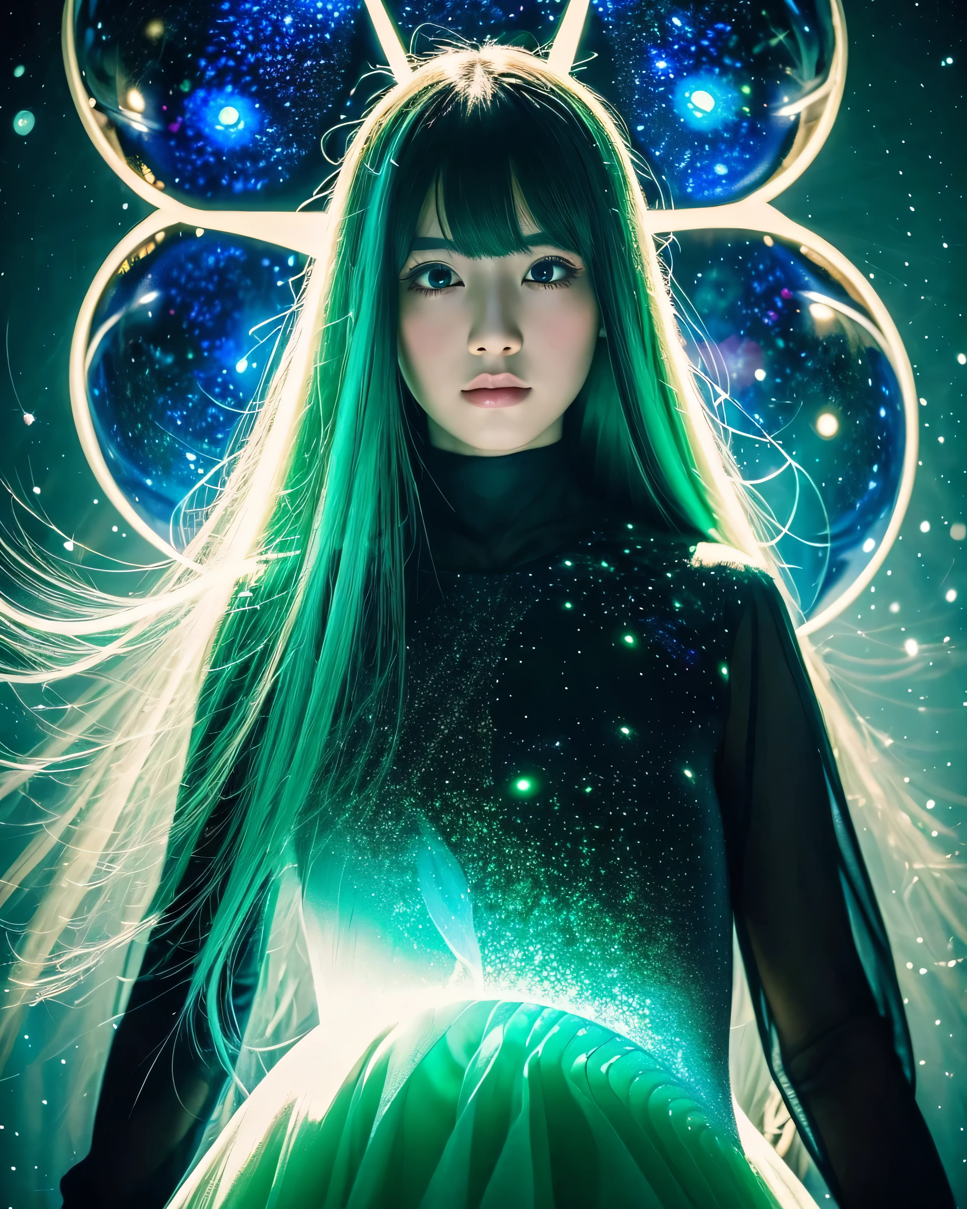 beautiful japanese girl thin emerald green hair Detailed complex hair Super Long Straight Silk Hair asymmetrical bangs、magical beautiful eyes moist black eyes, black dress portrait, Super detailed, realistic, space, glass sphere, futuristic, SF, bright colors, lightbulb, Floating Sphere, reflection, cosmic energy, great atmosphere, surreal scene, high tech, supernatural, otherworldly, abstract art, Kaleidoscope pattern, twinkling stars, celestial body, Infinite depth, attractive, Immersive experience, intriguing composition, Excellent brushwork, attractive, mysterious atmosphere professional lighting