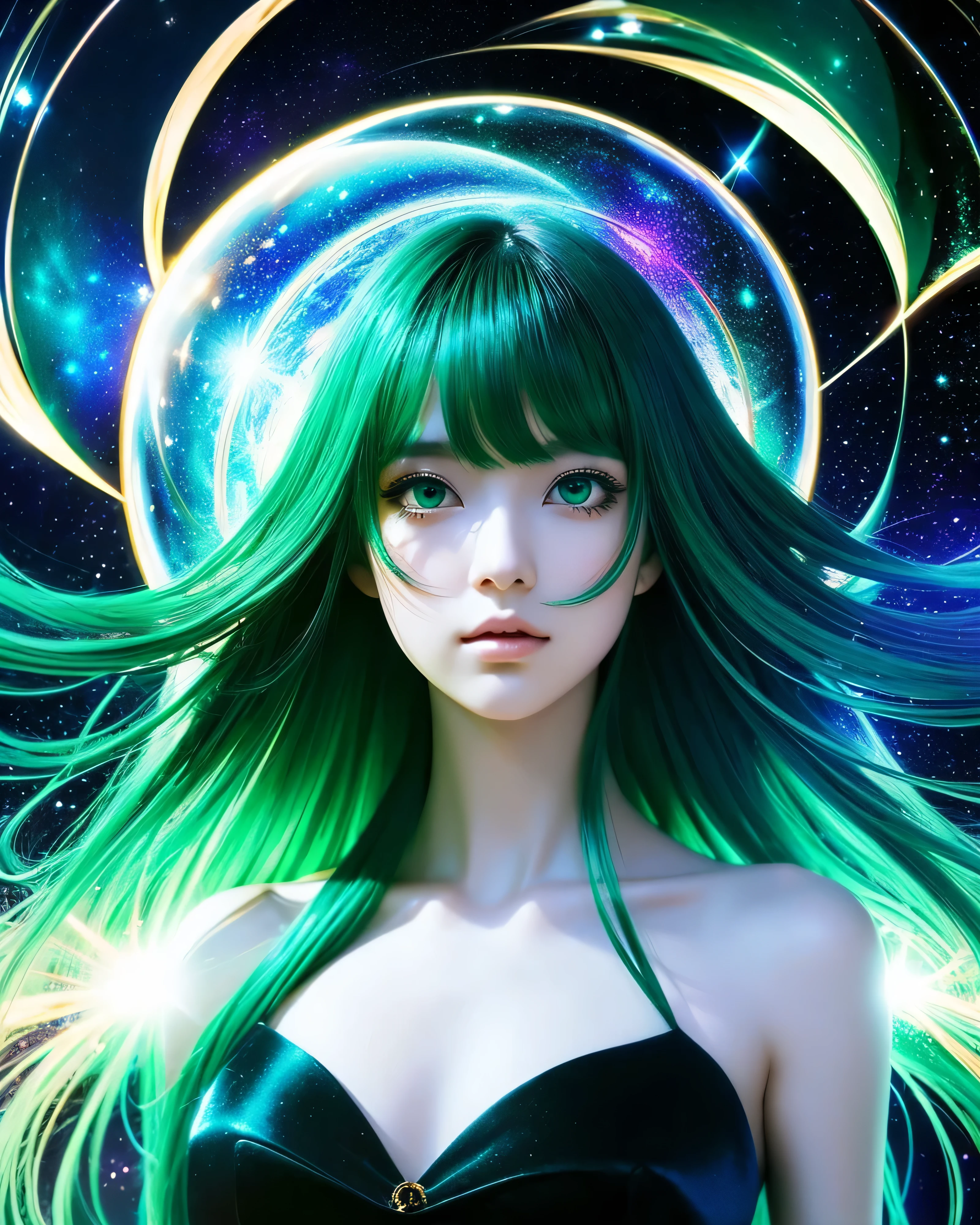 beautiful japanese girl thin emerald green hair Detailed complex hair Super Long Straight Silk Hair asymmetrical bangs、magical beautiful eyes moist black eyes, black dress portrait, Super detailed, realistic, space, glass sphere, futuristic, SF, bright colors, lightbulb, Floating Sphere, reflection, cosmic energy, great atmosphere, surreal scene, high tech, supernatural, otherworldly, abstract art, Kaleidoscope pattern, twinkling stars, celestial body, Infinite depth, attractive, Immersive experience, intriguing composition, Excellent brushwork, attractive, mysterious atmosphere professional lighting