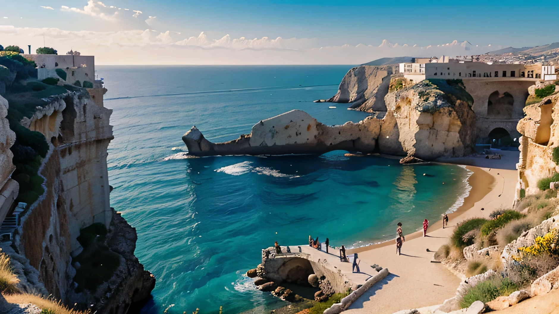 The prompt is: "Greek palace on a cliff overlooking the Mediterranean Sea,illustration,high resolution,ultra-detalhado,realista,paisagem,cores vivas,tom quente,soft lighting"