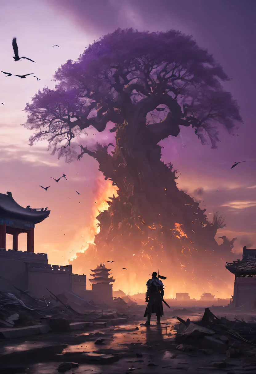 (best quality,4K,8k,high resolution,masterpiece:1.2), Super detailed, (actual,photoactual,photo-actual:1.37), future warrior, Bare tree, Old crow, West Wind Ancient Road, stare into the distance, sunset in ancient capital, well worn, mottled city wall, Overgrowth and wildfires, quiet and desolate, the forbidden city, Purple tone, Faded sunlight, Flashing shadows, birds flying at dusk, desolation and tranquility, Heroic and powerful, cold metal armor, glowing energy weapon, post apocalyptic background, future technology, neon lights, towering skyscrapers, floating hologram, Dystopian atmosphere, Last hope, Determination and resilience, The expression is solemn, fierce battle scenes, swirling dust and debris, ruins and wreckage, contrast between light and dark, Dramatic perspective, epic and monumental, vast and vast landscape, gloomy color scheme, Cinema-level lighting effects, Billions of years of history, Fusion of past and future.