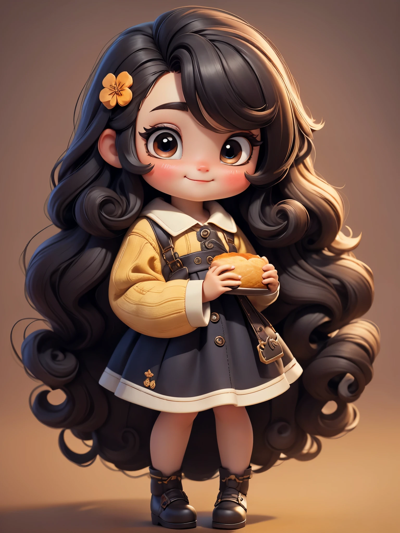(masterpiece: 1.2), (best quality),Cute chibi style doll,Holding a big piece of bread,(best quality), ((masterpiece)), (high resolution),(happy),Happy,happy,Long curly hair。(intricate details) ,(8k), (exquisite eyes) (sharp focus),