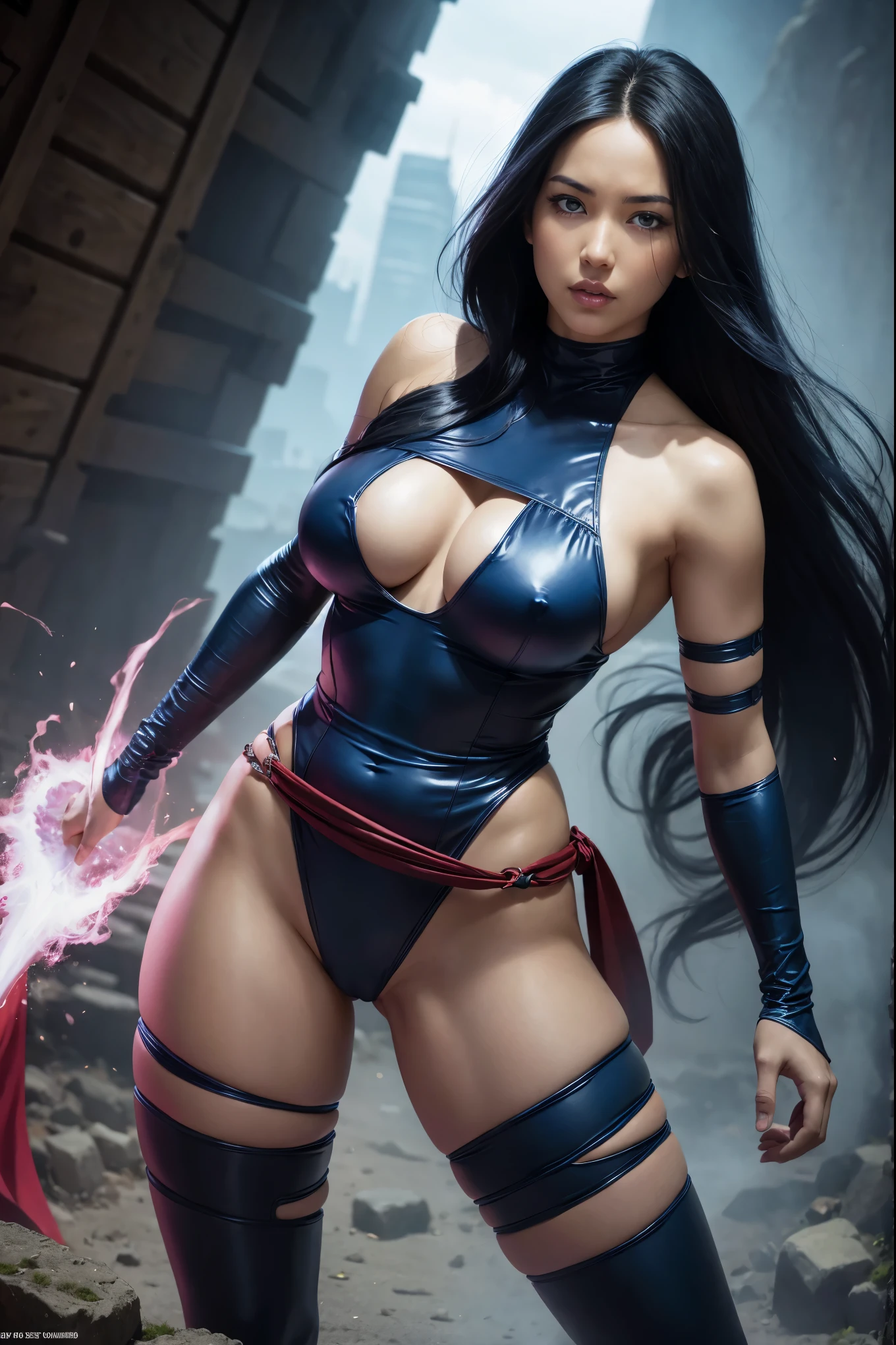 Art image of Olivia Munn as Psylocke, busty, beautiful, dark blue costume with red sash at her waist black hair, large breasts, by Louis Royo, Boris Vallejo, J. Scott Campbell, extreme focus, sharp details, sexy,  oily skin, show feet, full body