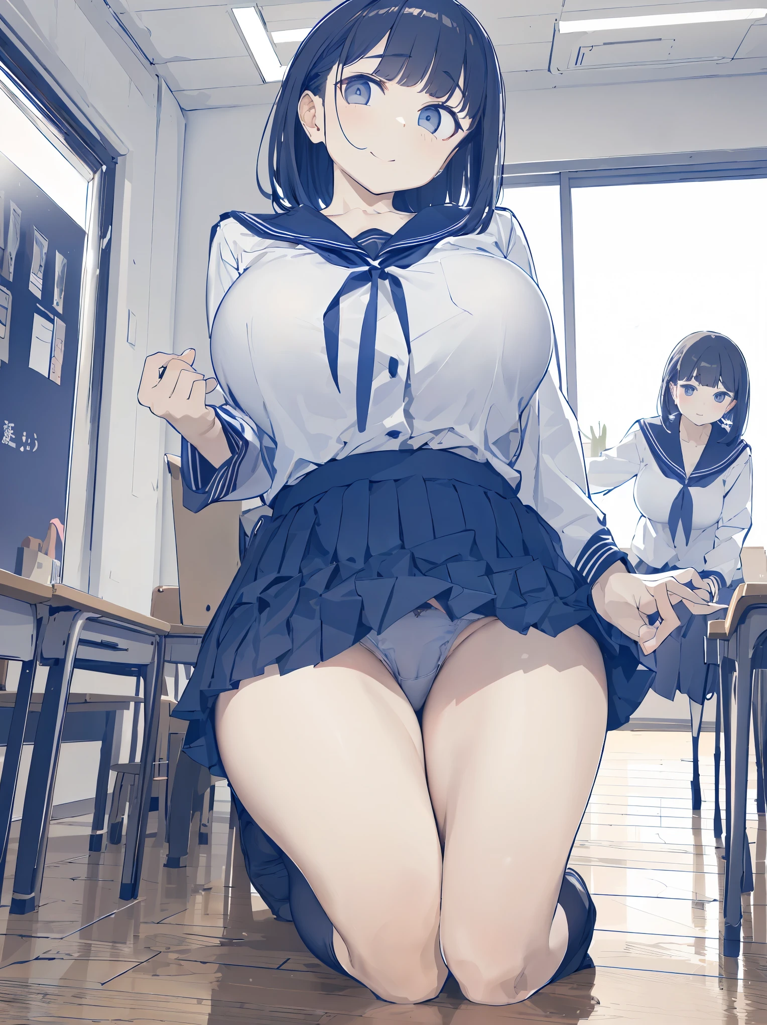 (top-quality、in 8K、32K、​masterpiece、nffsw、超A high resolution、Impresionismo、huge breasts, Photorealsitic:1.2)、Angle from above、High angle、Colossal tits、cowboy  shot, detailed faces and eyes、 Inside the classroom、Schools、Evening glow、beauitful face、blurry backround、16-year-old beautiful girl、shinny skin、long、Beautiful black hair、Blunt bangs、Invincible smile、Gray eyes、a sailor suit、Pleated miniskirt、wearing black knee-high、Curve、Stand on one knee、Opening legs、(seduction)、((scornful look))、(seduction)、((scornful look))、 (seduction)、((scornful look))、((growing thighs))、((growing ))、((growing thighs))、((growing ))、((growing thighs))、((growing ))、((growing thighs))、((growing ))、((growing thighs))、((growing ))、((growing thighs))、((growing ))、((growing thighs))、((growing ))、((growing thighs))、((growing ))、((showing panties))