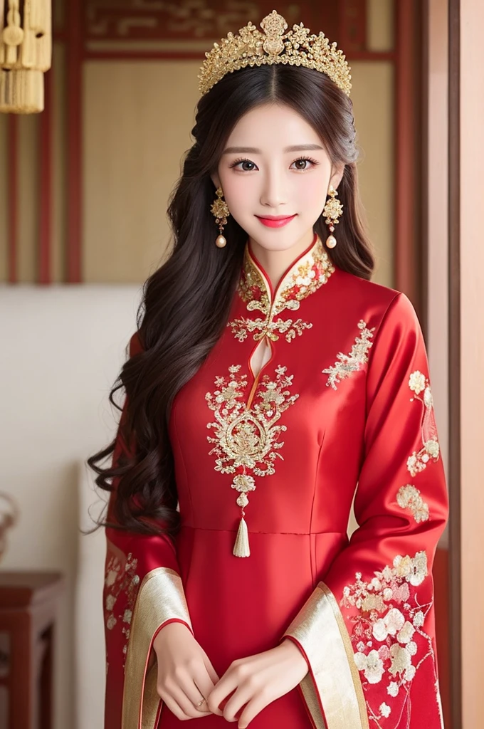 A beautyful girl，long whitr hair，(Wear a beautiful red Chinese dress)，Chinese stand collar，Exquisite embroidery，(A delicate crown was worn over his hair)，A pair of shiny earrings hang from the ears，A beautiful necklace was worn around his neck，Sweet smiling，His face flushed，ssmile，Flowers in hand