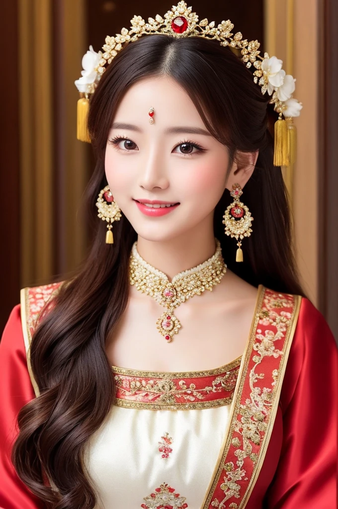 A beautyful girl，long whitr hair，(Wear a beautiful red Chinese dress)，Chinese stand collar，Exquisite embroidery，(A delicate crown was worn over his hair)，A pair of shiny earrings hang from the ears，A beautiful necklace was worn around his neck，Sweet smiling，His face flushed，ssmile，Flowers in hand