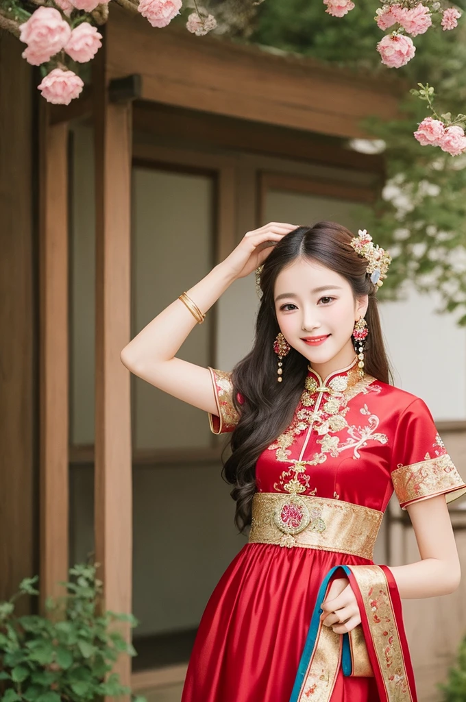 A beautyful girl，long whitr hair，(Wear a beautiful red Chinese dress)，Chinese stand collar，Exquisite embroidery，(A delicate crown was worn over his hair)，A pair of shiny earrings hang from the ears，A beautiful necklace was worn around his neck，Sweet smiling，His face flushed，ssmile，Flowers in hand