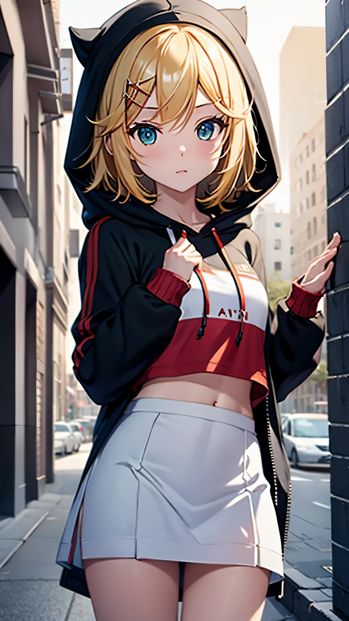 Kagamine rin , 1 girl , wearing a red hooded sweater , white miniskirt with gold horizontal lines , viendo al espectador , bragas visibles , rostro seductor ,(imagen de ultra alta calidad 8k ) obra maestra ( high-definition picture ) , maximum image resolution , ( detalles de la imagen bien definidos )