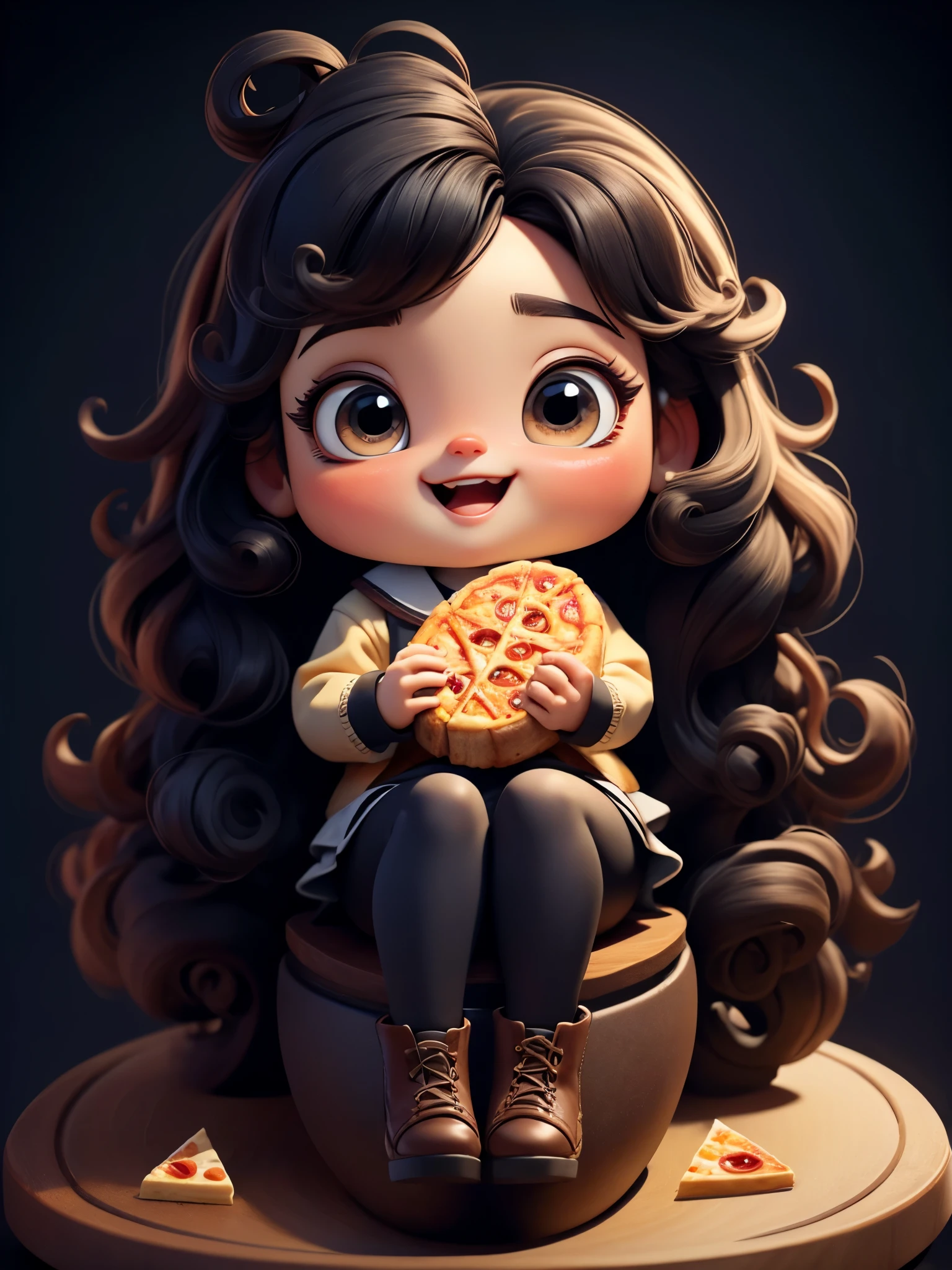 (masterpiece: 1.2), (best quality),Cute chibi style doll,Eat pizza,open mouth,sitting,(best quality), ((masterpiece)), (high resolution),(happy),Happy,happy,Long curly hair。(intricate details) ,(8k), (exquisite eyes) (sharp focus),