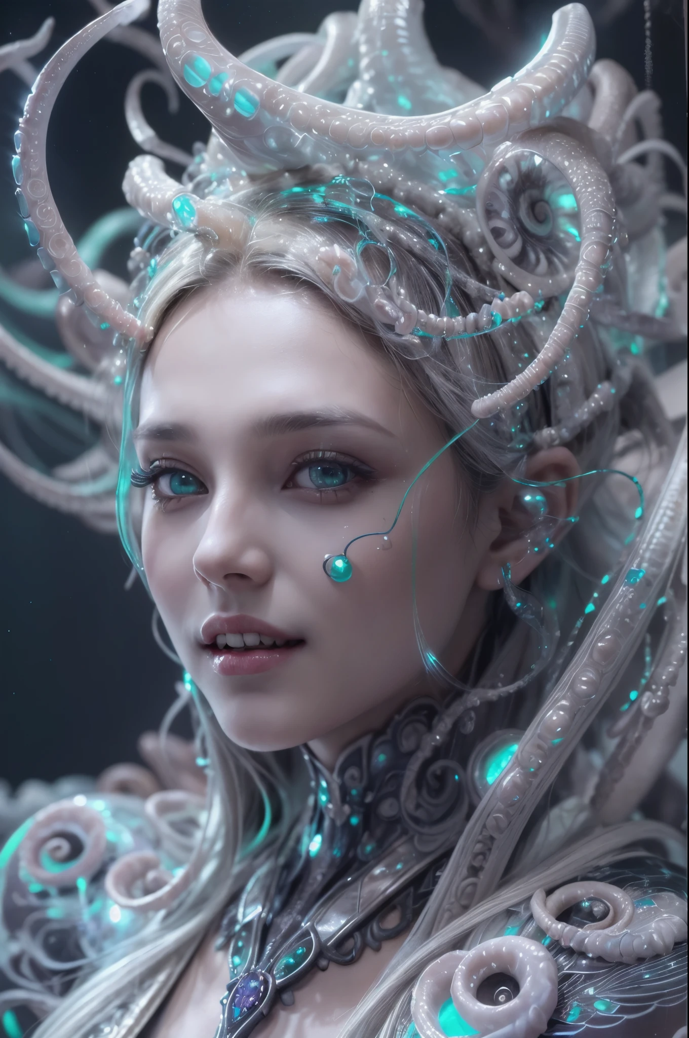 (A portrait of one beautiful and obscene female alien who is a young teenager:1.4), ((There is a female genital-like organ in the middle of her forehead:1.8)), (realistic face:1.2), (Numerous award-winning masterpieces, with incredible detail, textures and maximum detail), artistic photography, midnight aura, unreal engine 5, Ultra Sharp Focus, art by Amano Yoshitaka, ArtGerm, Roisch, intricate artwork, ultra realistic realism, high resolution, High freshness, drawing faithfully, official art, Unity 8K Wall paper, ultra detailed artistic photography, dream-like, Creation of fantasy, dream Snail, (biopunk nautilus:1.3),Thrilling color schemes, seductively smiling, Amazing mutation, well-proportioned body, goddess of the deep sea, fractal, Geometric pattern, impossible figures, (translucent white tentacles with luminescent organs:1.4), subtle emerald green accents, (smiling seductively:1.3),(She has the most beautiful face in the history of the universe:1.5), Penelope Cruz, (she is looking down at viewers with glowing iridescent eyes with no pupils:1.3), an evil gaze that seduces, cinematic lighting, (Vampire-like long canine teeth can be glimpsed through the gap between the cute lips:1.3), in the hall of the palace, Sweet breath is exhaling from beautiful lips, ecstatic expression