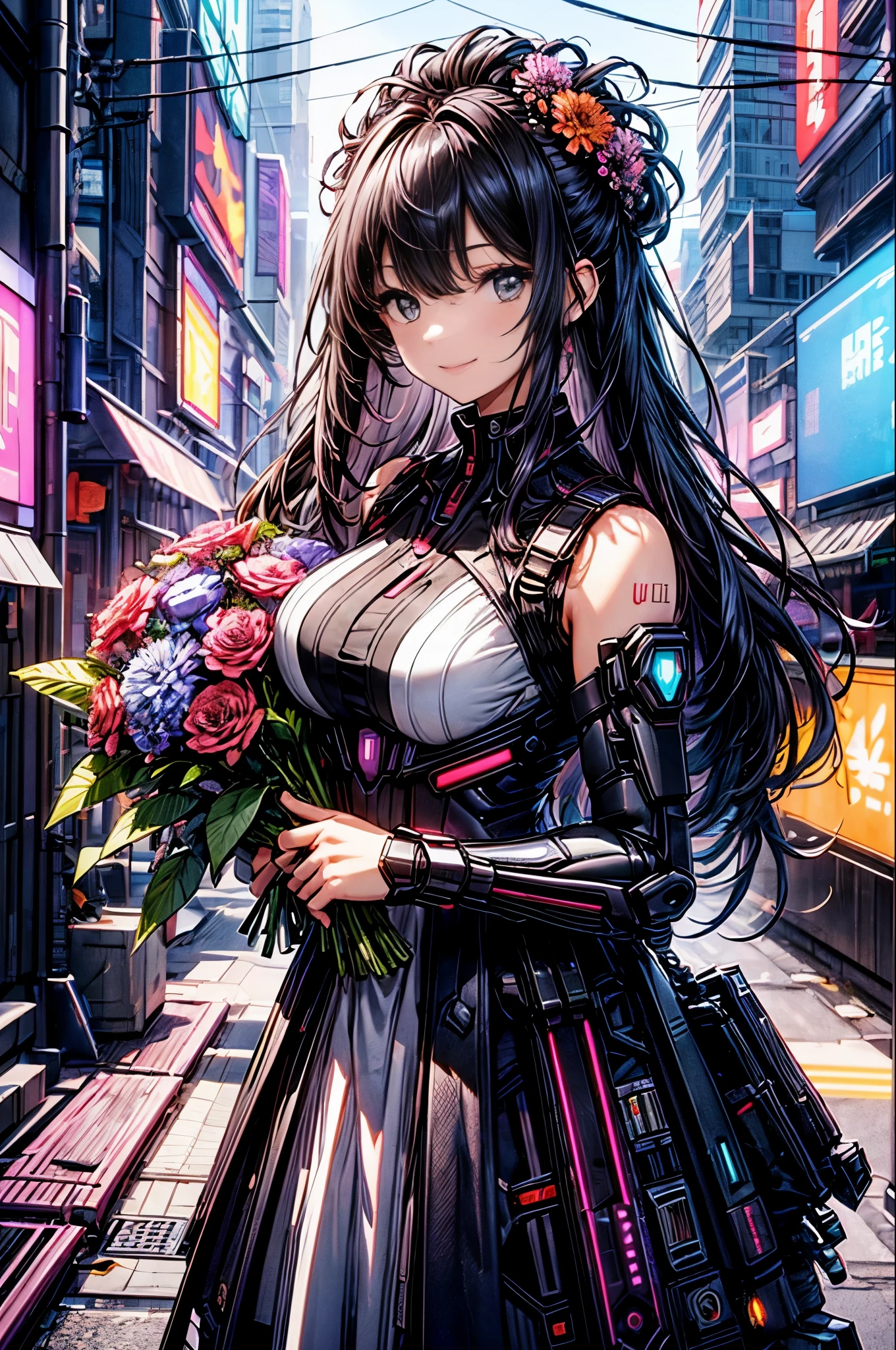 4K、best image quality,excellent details,hyper quality skin、ultra high resolution,(fidelity:1.4),best illustrations,Focus on the details,(official art, beautiful and aesthetic:1.2),
1 girl, (Colorful hair、Bangs are black:1.2), wavy hair, smile, (Sexy cyberpunk costumes.Cybertechware)、I will give you a bouquet of flowers、Let's pick up various bouquets、
(I will give you a bouquet of flowers:1.6), (fancy futuristic background:1.1),