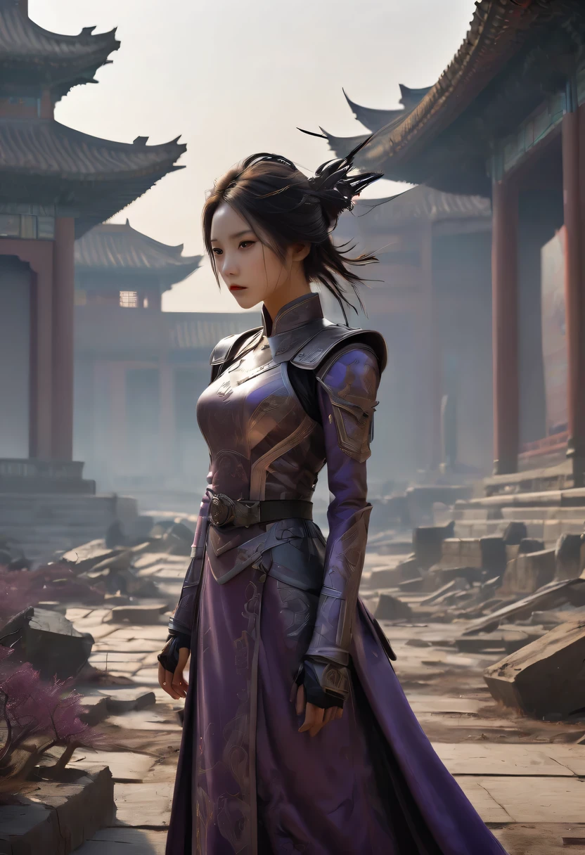 (best quality,4K,8k,high resolution,masterpiece:1.2), Super detailed, (actual,photoactual,photo-actual:1.37), future warrior, Bare tree, Old crow, West Wind Ancient Road, stare into the distance, sunset in ancient capital, well worn, mottled city wall, Overgrowth and wildfires, quiet and desolate, the forbidden city, Purple tone, Faded sunlight, Flashing shadows, birds flying at dusk, desolation and tranquility, Heroic and powerful, cold metal armor, glowing energy weapon, post apocalyptic background, future technology, neon lights, towering skyscrapers, floating hologram, Dystopian atmosphere, Last hope, Determination and resilience, The expression is solemn, fierce battle scenes, swirling dust and debris, ruins and wreckage, contrast between light and dark, Dramatic perspective, epic and monumental, vast and vast landscape, gloomy color scheme, Cinema-level lighting effects, Billions of years of history, Fusion of past and future.