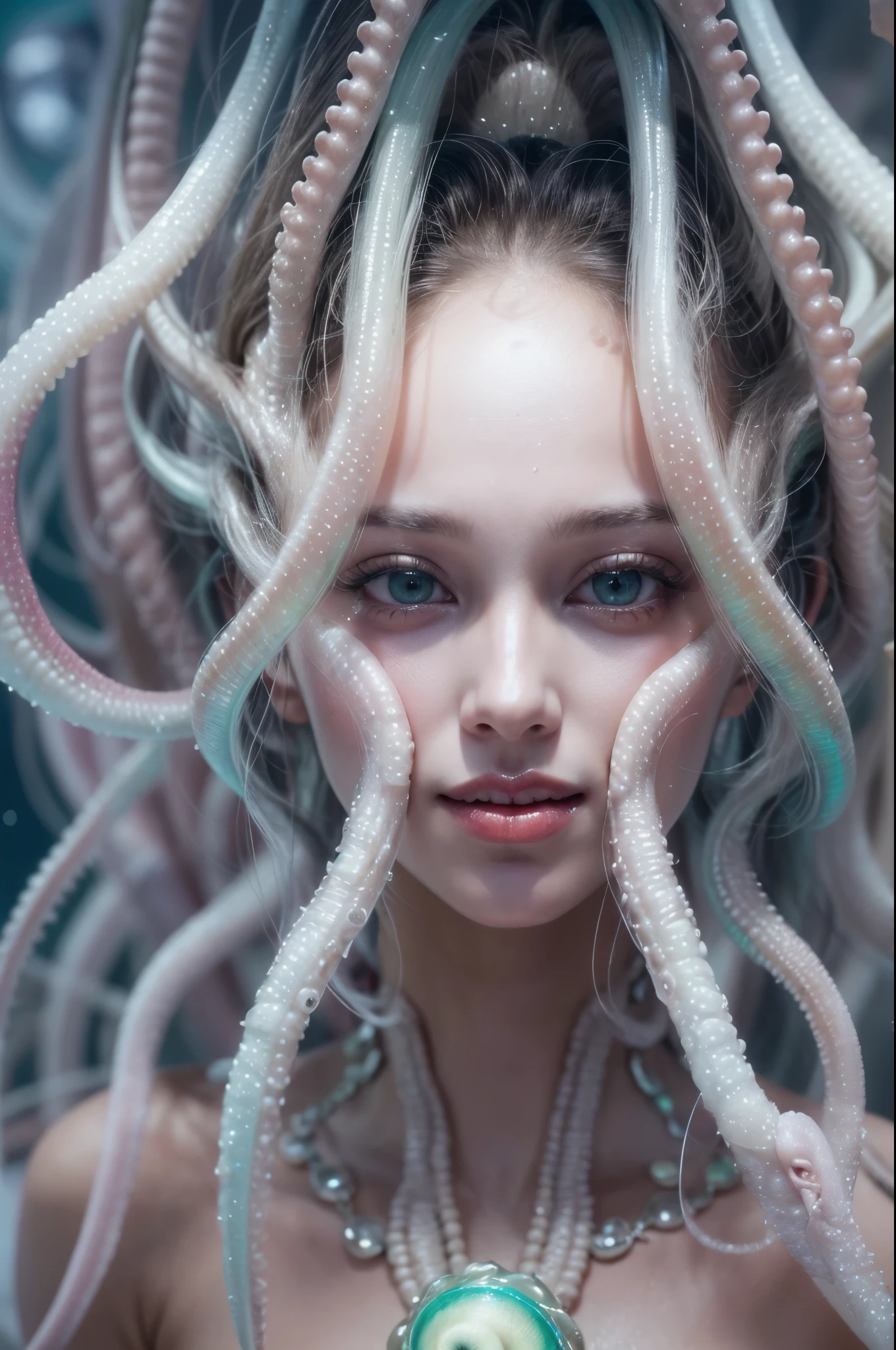 An ancient sea creature with an elongated body covered in shimmering scales that reflect a soft blue light. It has four thin, elegant tentacles that float gracefully around it. Its large eyes are round and expressive, with a kind glow that contrasts with the dark tone of its skin. Its skin is a deep blue, almost black, with touches of glow at the tips of the tentacles and on its back, as if it were bioluminescent.
Its face is gentle and curious, with small details such as subtle fins behind its ears and thin gills that are barely visible. It is surrounded by a light aquatic aura, with bubbles rising around it, creating an underwater effect. Although it is a creature of the deep, its light smile and large eyes convey a sense of friendliness and friendliness, making it captivating, even in the midst of a somber atmosphere.
It moves fluidly, almost as if it were dancing, and has a curious posture, tilting its head slightly, as if it were always interested in what it sees.