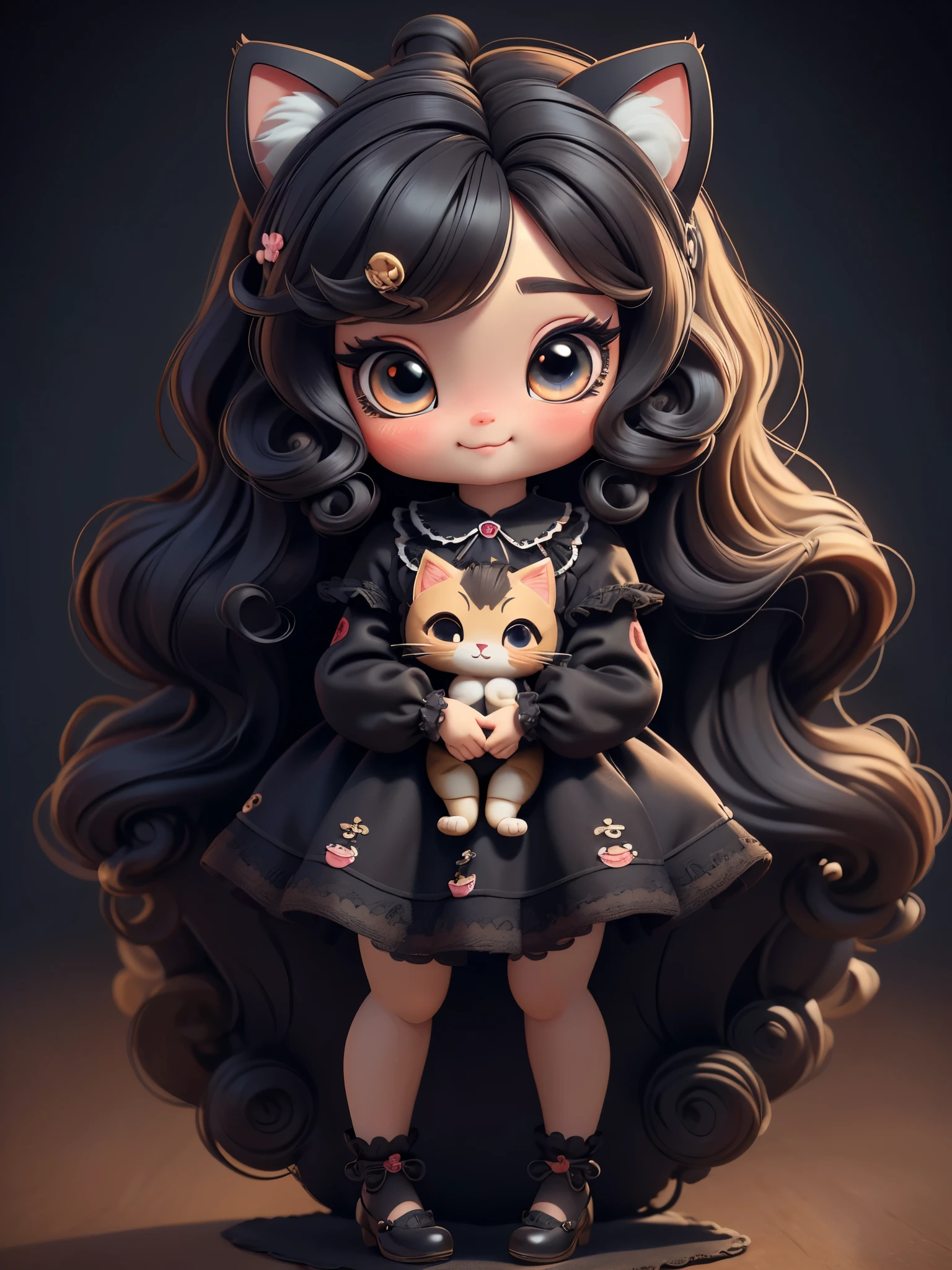 (masterpiece: 1.2), (best quality),Cute chibi style doll,wearing cat clothes,dress yourself up as a kitten,(best quality), ((masterpiece)), (high resolution),(happy),Happy,happy,Long curly hair。(intricate details) ,(8k), (exquisite eyes) (sharp focus),