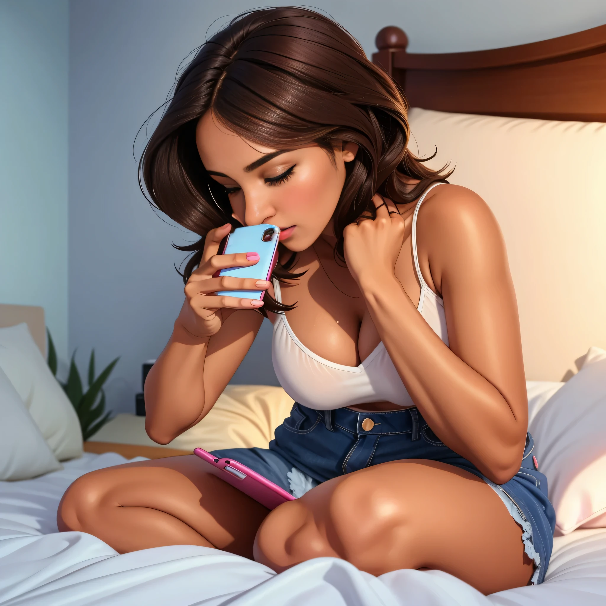 woman sitting on bed looking at cell phone in hand, verificando o celular, sentado no quarto, deusa verificando o telefone, Foto do perfil, ela tem cerca de 34 anos, ela tem cerca de 34 anos, pose muito sexy, pernas. Uma mulher com pele branca bronzeada e cabelos escuros. ela tem cerca de 35 anos. high resolution, alta qualidade, obra de arte, 8k.