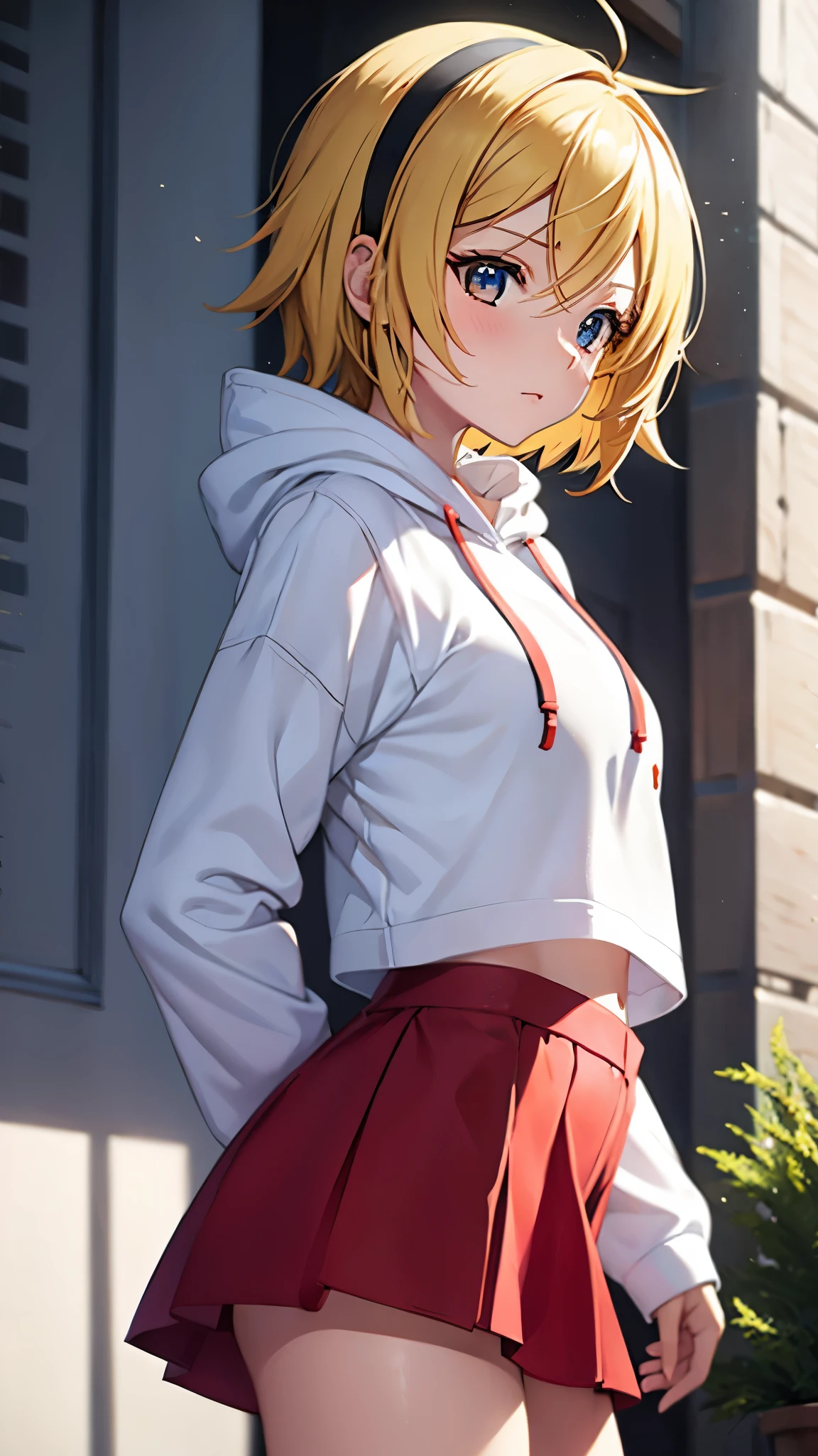 Kagamine rin , 1 girl , wearing a red hooded sweater , white miniskirt with gold horizontal lines , viendo al espectador , bragas visibles , rostro seductor ,(imagen de ultra alta calidad 8k ) obra maestra ( high-definition picture ) , maximum image resolution , ( detalles de la imagen bien definidos )