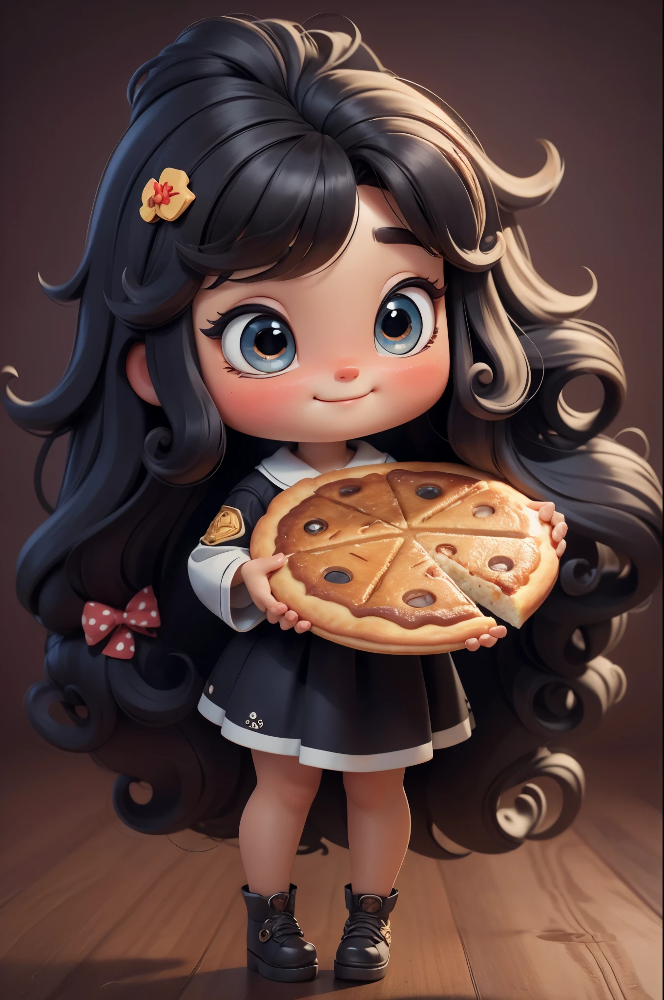 (masterpiece: 1.2), (best quality),Cute chibi style doll,Holding a big piece of pizza,(best quality), ((masterpiece)), (high resolution),(happy),Happy,happy,Long curly hair。(intricate details) ,(8k), (exquisite eyes) (sharp focus),