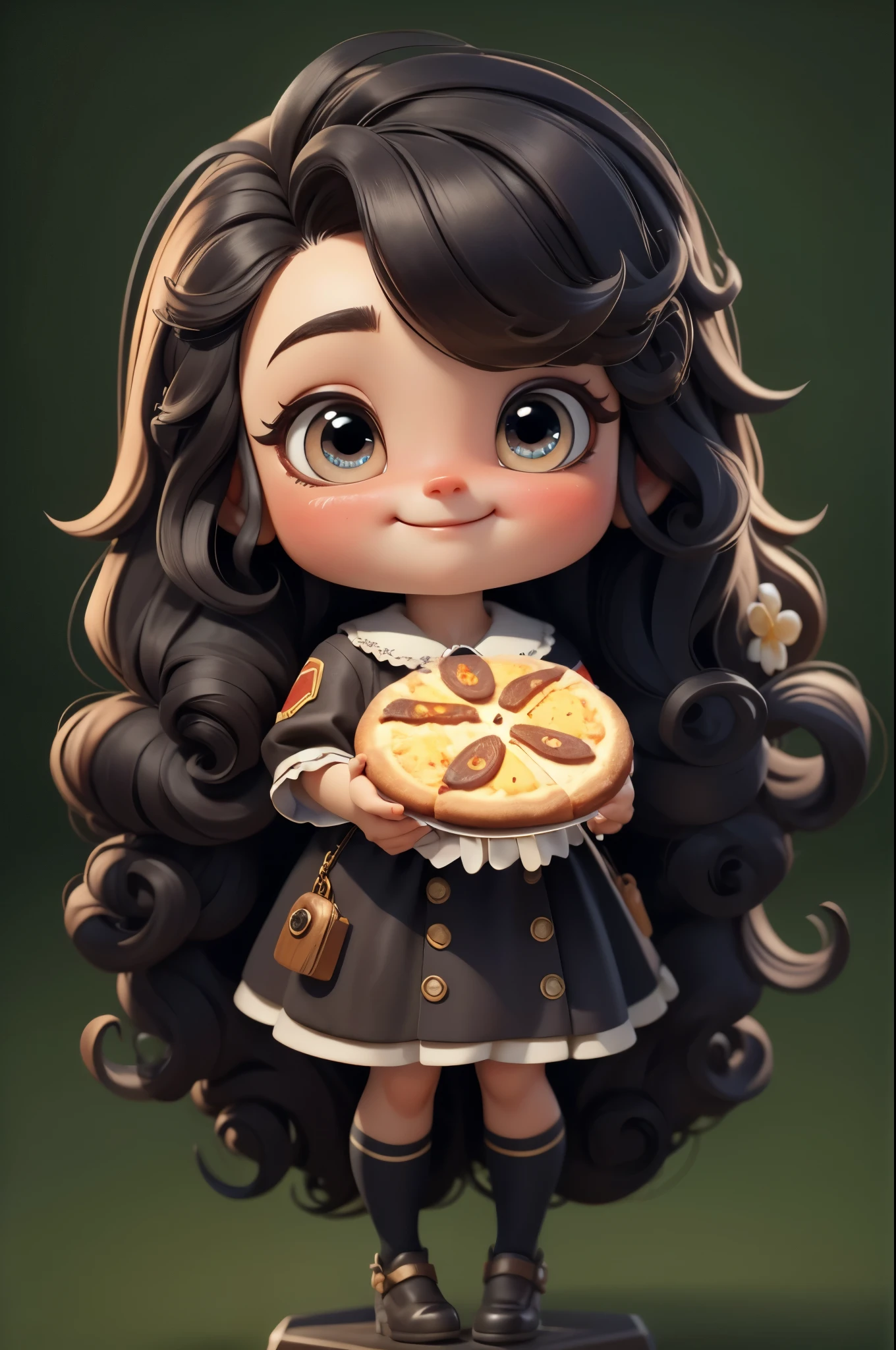  (masterpiece: 1.2)， (best quality)，Cute chibi style doll，Holding a big piece of pizza，(best quality), ((masterpiece)), (high resolution)，(happy)，Happy，happy，Long curly hair。(intricate details) ，(8k)， (exquisite eyes) (sharp focus), 