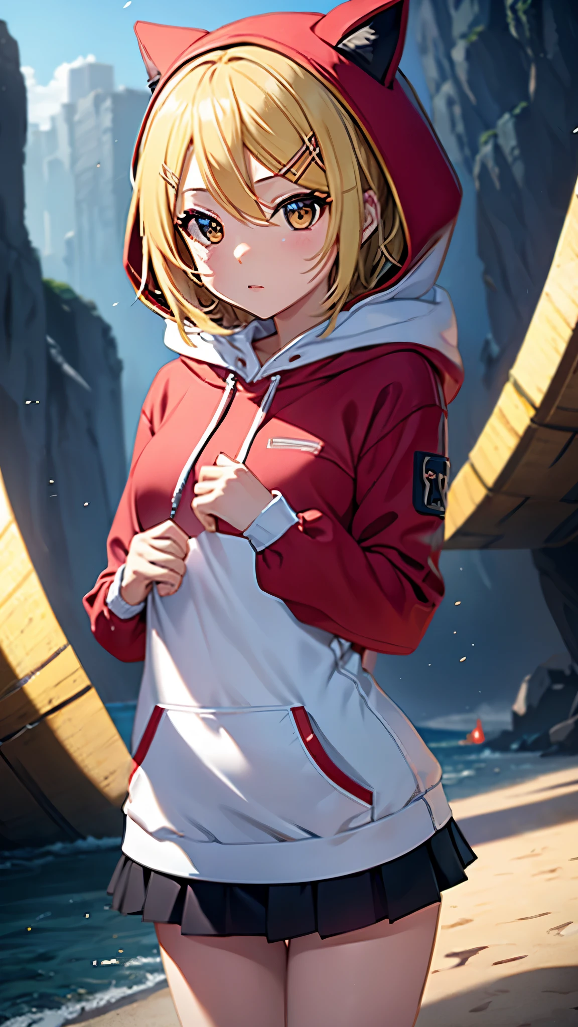 Kagamine rin , 1 girl , wearing a red hooded sweater , white miniskirt with gold horizontal lines , viendo al espectador , bragas visibles , rostro seductor ,(imagen de ultra alta calidad 8k ) obra maestra ( high-definition picture ) , maximum image resolution , ( detalles de la imagen bien definidos )