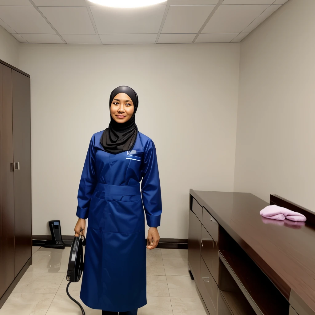 Malay cleaning lady, hijabi, wearing conservative clothes, with gloves, standing in a clean room, realistic, clean and realistic face.