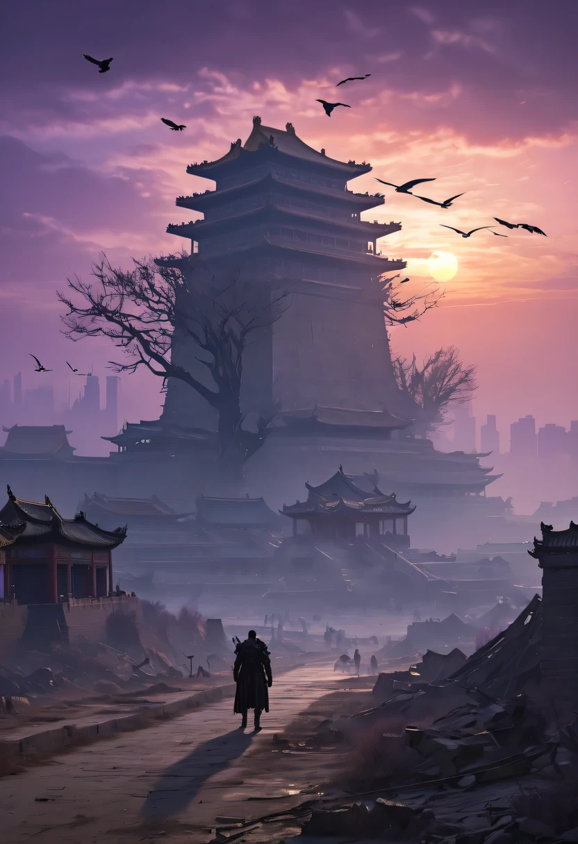 (best quality,4K,8k,high resolution,masterpiece:1.2), Super detailed, (actual,photoactual,photo-actual:1.37), future warrior, Bare tree, Old crow, West Wind Ancient Road, stare into the distance, sunset in ancient capital, well worn, mottled city wall, Overgrowth and wildfires, quiet and desolate, the forbidden city, Purple tone, Faded sunlight, Flashing shadows, birds flying at dusk, desolation and tranquility, Heroic and powerful, cold metal armor, glowing energy weapon, post apocalyptic background, future technology, neon lights, towering skyscrapers, floating hologram, Dystopian atmosphere, Last hope, Determination and resilience, The expression is solemn, fierce battle scenes, swirling dust and debris, ruins and wreckage, contrast between light and dark, Dramatic perspective, epic and monumental, vast and vast landscape, gloomy color scheme, Cinema-level lighting effects, Billions of years of history, Fusion of past and future.