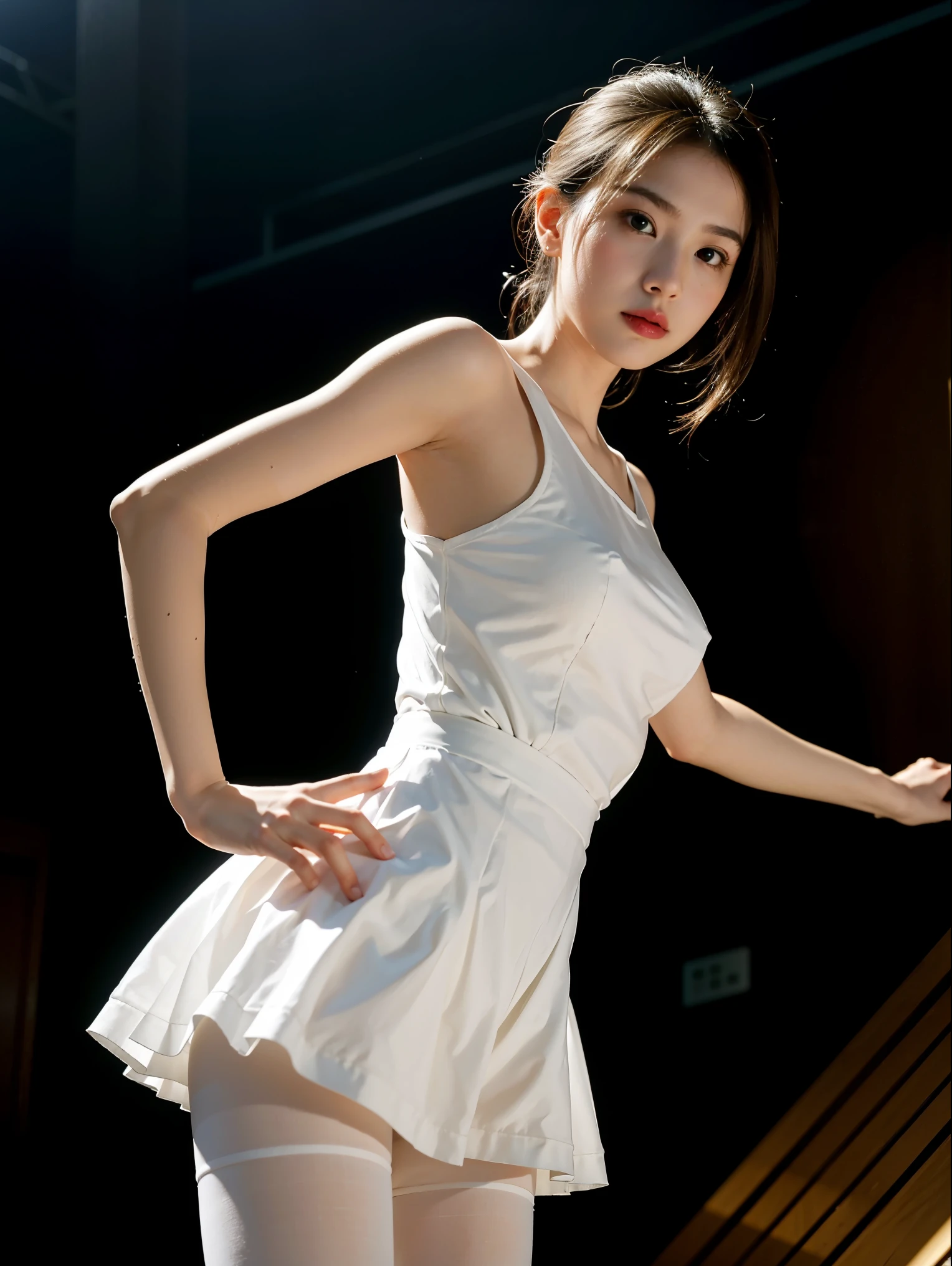 1 girl,young girl, 有Light泽的皮肤,medium breasts,Leg lines are very good:1.3, thin waist,A ballet dancer，Tutu dress，Raise your legs high,looking at the audience,from below,whole body, (White pantyhose:1.3),(Golden ratio chart),in an empty room， The face is super delicate, beautiful eyes, Double eyelid masterpiece, best quality, Best perspective, Super detailed and intricate, extremely delicate and beautiful, best quality light, (Light线追踪:1.1), Anti-aliasing,
actual,photoactual,Award-winning illustrations,(intricate details:1.2),(Delicate and meticulous) (intricate details),(Light,best quality Backlights),clear lines,sharp focus,official art,unified 8k wallpaper,ridiculous,incredibly ridiculous,File size is huge,Super detailed,high resolution,extremely detailed extremely delicate and beautiful,original photo, professional lighting,dynamic lighting,脸上有Light,depth of field,solo focus,
