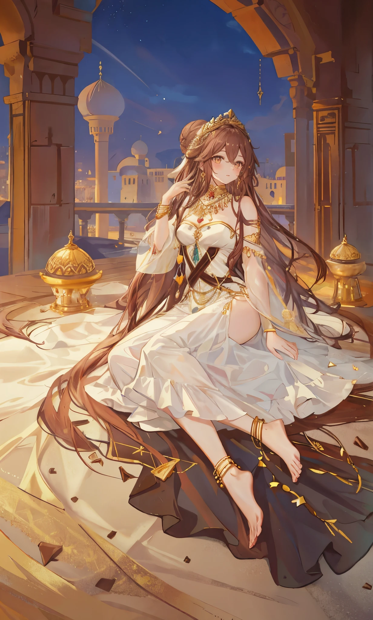 Long chocolate-colored hair,close up,dream world,Baby Lord,long chocolate hair,Messy hair,golden eyes,civilization,sky garden background,grace,Bun and tiara,A wide range of jewelry,(Precious Middle Eastern style long dress),necklace,Her skin is very white, fair complexion,(White long dress,Exotic),barefoot,Gemstone anklets