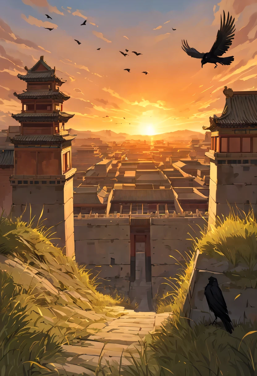 future warrior，dead crow，Ancient road westerly wind，Looking into the distance，sunset in ancient capital，well worn，The city wall is mottled，wild grass fire，Silent and desolate，the forbidden city
