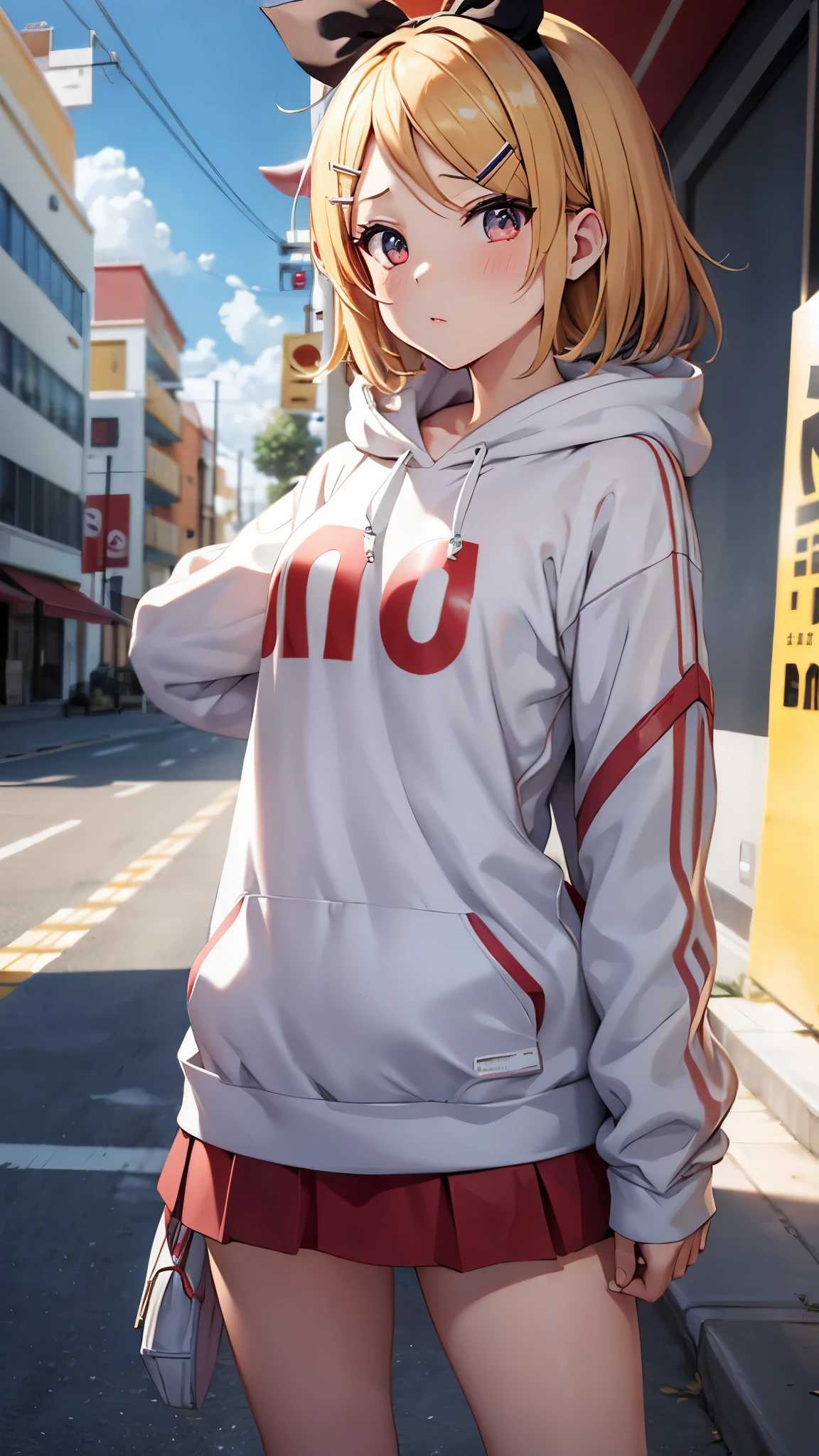 Kagamine rin , 1 girl , wearing a red hooded sweater , white miniskirt with gold horizontal lines , viendo al espectador , bragas visibles , rostro seductor ,(imagen de ultra alta calidad 8k ) obra maestra ( high-definition picture ) , maximum image resolution , ( detalles de la imagen bien definidos )