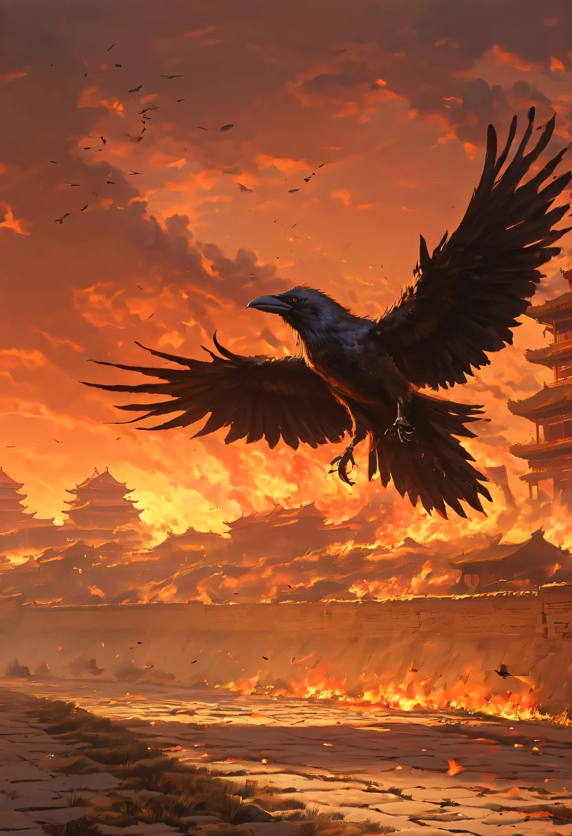 dead crow,Ancient road westerly wind,Looking into the distance,sunset in ancient capital,well worn,The city wall is mottled,wild grass fire,Silent and desolate,the forbidden city
