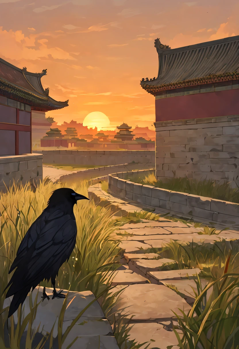 dead crow，Ancient road westerly wind，Looking into the distance，sunset in ancient capital，well worn，The city wall is mottled，wild grass fire，Silent and desolate，the forbidden city