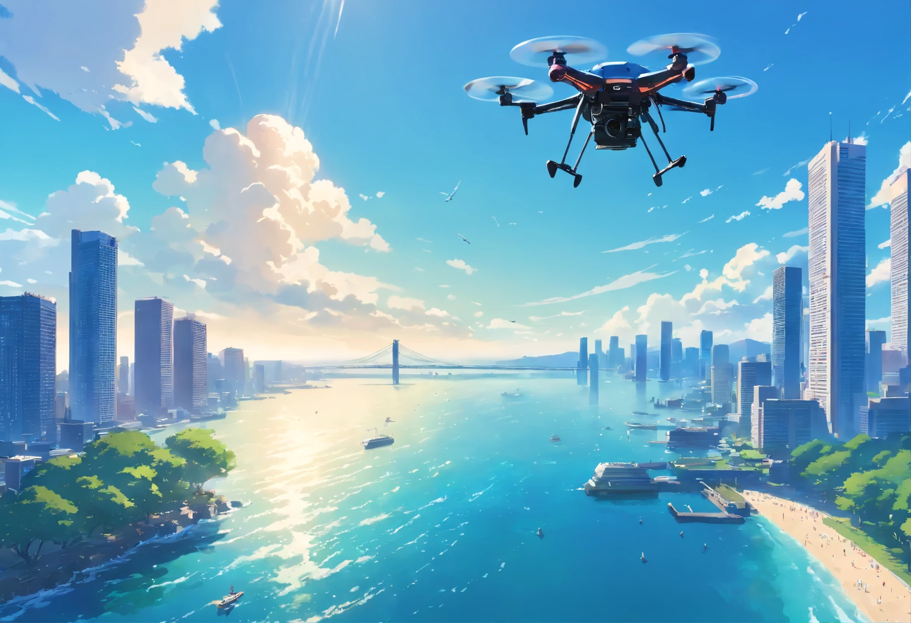 (It is large enough to fit on the right side of half of the screen, and there is a symmetrical hexacopter drone flying on the right edge of the screen: 1.4), (Overlooking Tokyo Bay, the Bay Bridge and the ocean, unique perspective from land to seaside: 1.2), there are no skyscrapers, a lush forest, a construction site, (parks and grounds are scattered, flying low, the ocean and blue sky occupy more than half of the screen: 1.5), sunny, dynamic graphics, no people