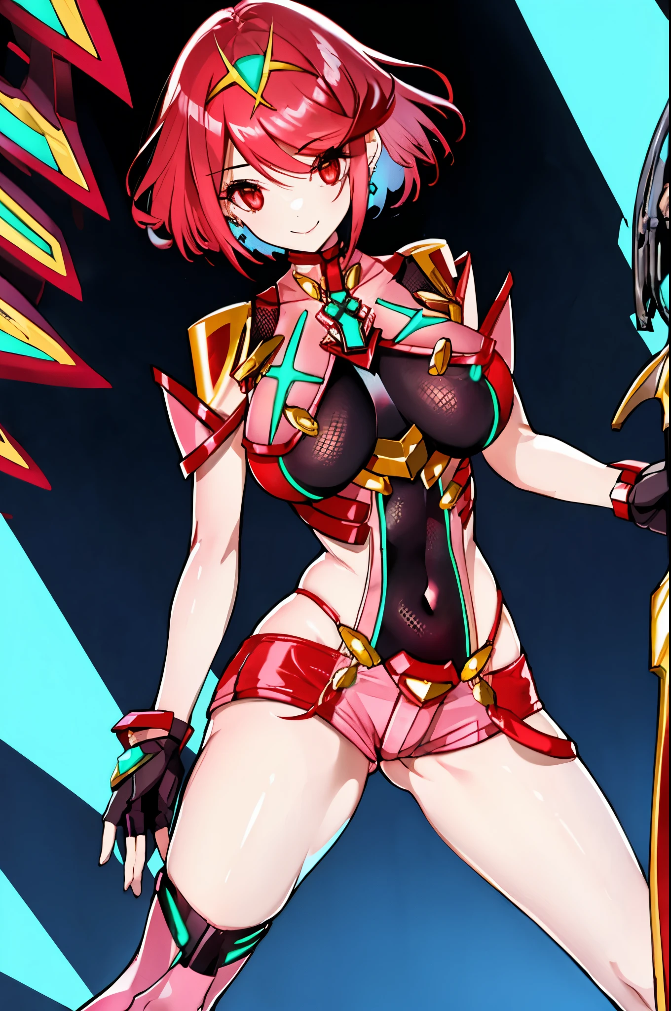 pyra \(xenoblade\), _1girl, , bangs, black gloves, breasts, red eyes, shout, earrings, eyelashes, fingerless gloves, floating hair, , gem, gloves, hair ornament, headpiece, jewelry, big_breasts, leaning back, swimsuit, neon trim, official art, pose, red hair, saitou masatsugu, short hair, sidelocks, skin tight, solo, swept bangs, thighhighs, tiara, fantasy_town_background, underbust, xenoblade chronicles \(series\), (xenoblade chronicles 2), (spread_legs:1.1), fire_effect,fighting,light_smile, (plump:1.1), big_ass,huge_sword, hold_large_sword_hilt, covered_nipples, covered_pussy, fists,beautiful_fingers,(solo:1.1), bare_shoulder,(shoulder_naked:1.2), (very_short＿shorts:1.3),(lise_leg:1.4)