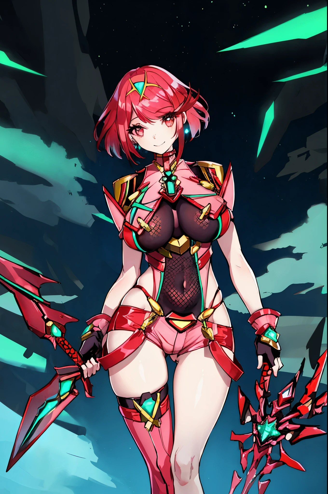 pyra \(xenoblade\), _1girl, , bangs, black gloves, breasts, red eyes, shout, earrings, eyelashes, fingerless gloves, floating hair, , gem, gloves, hair ornament, headpiece, jewelry, big_breasts, leaning back, swimsuit, neon trim, official art, pose, red hair, saitou masatsugu, short hair, sidelocks, skin tight, solo, swept bangs, thighhighs, tiara, fantasy_town_background, underbust, xenoblade chronicles \(series\), (xenoblade chronicles 2), (spread_legs:1.1), fire_effect,fighting,light_smile, (plump:1.1), big_ass,huge_sword, hold_large_sword_hilt, covered_nipples, covered_pussy, fists,beautiful_fingers,(solo:1.1), bare_shoulder,(shoulder_naked:1.2), (very_short_shorts:1.3),(lise_leg:1.4)