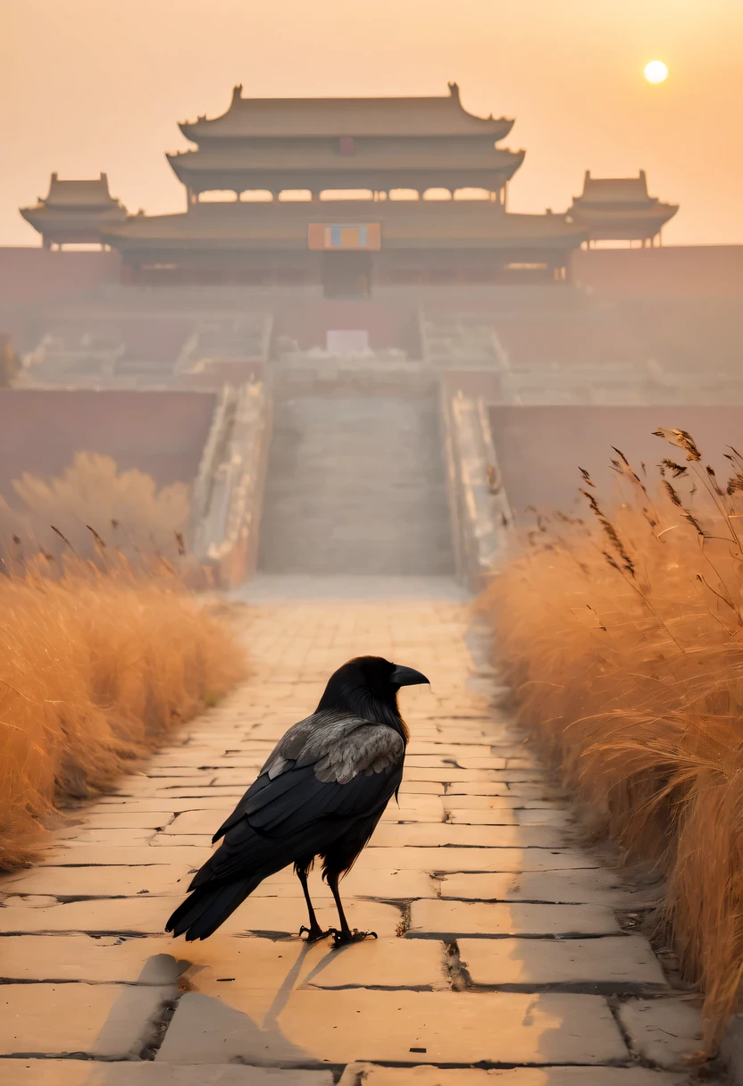 dead crow，Ancient road westerly wind，Looking into the distance，sunset in ancient capital，well worn，The city wall is mottled，wild grass fire，Silent and desolate，the forbidden city
