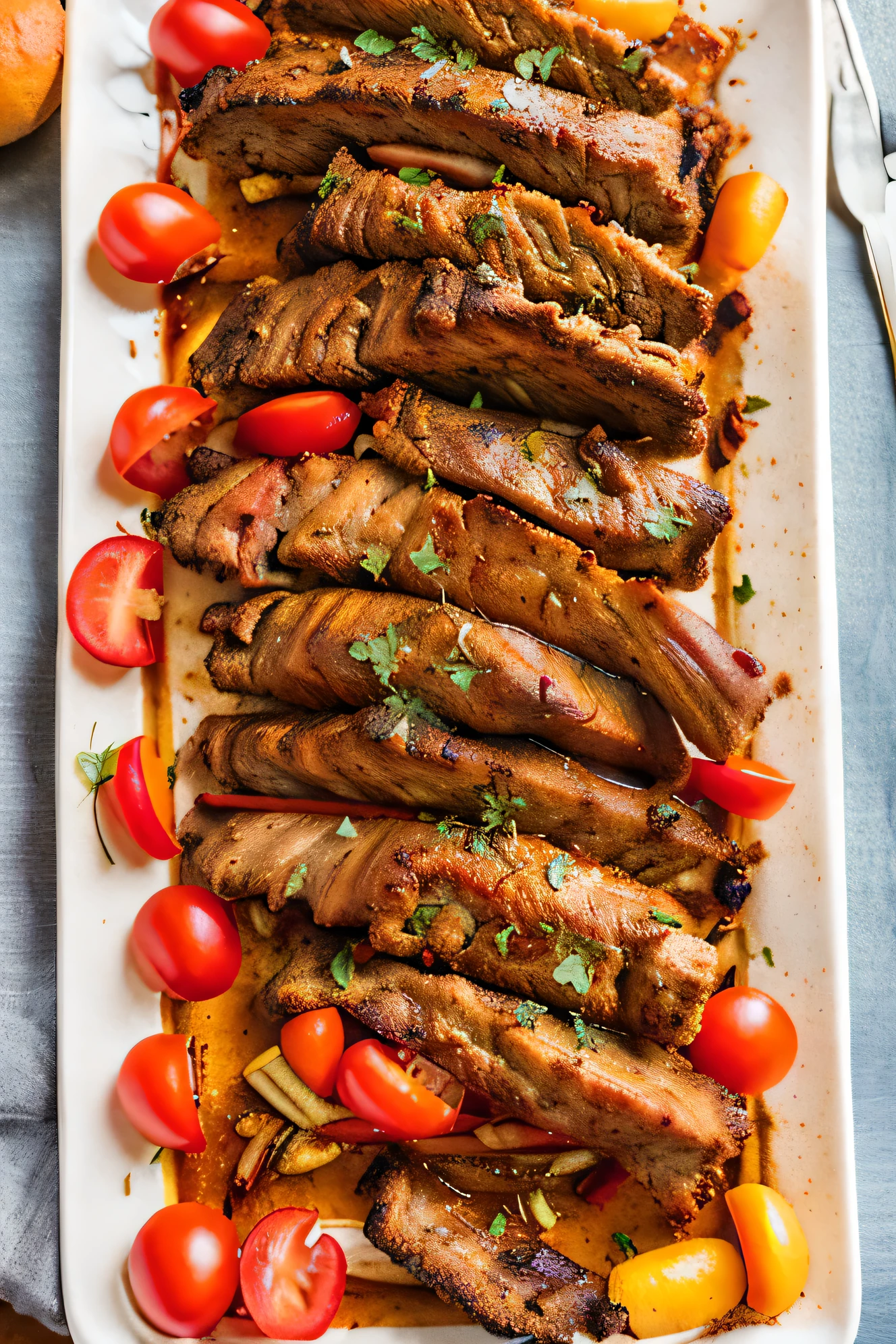 a close up of a platter of meat and vegetables on a table, meatloaf, lomo saltado, beef, ribs, above side view, overhead view, seen from straight above, 4 0 9 6, juicy meat, easy, 1x, “ iron bark, serving rack of ribs, version 3, !!beautiful!!, by Joe Bowler