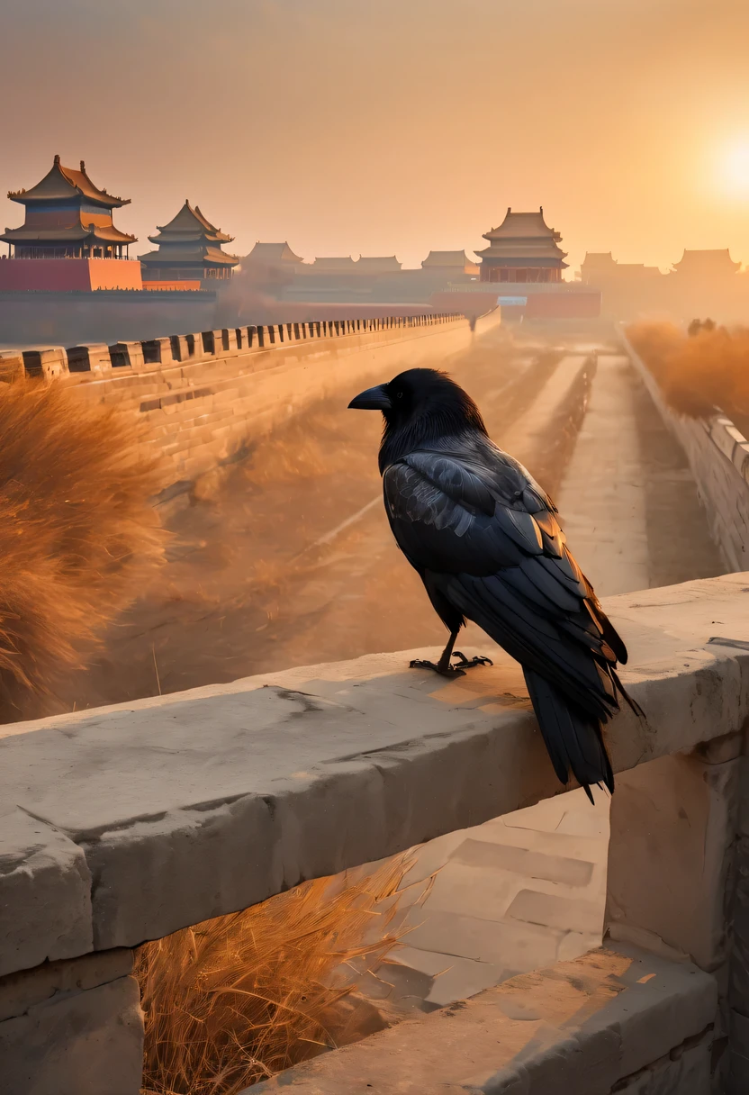 dead crow,Ancient road westerly wind,Looking into the distance,sunset in ancient capital,well worn,The city wall is mottled,wild grass fire,Silent and desolate,the forbidden city