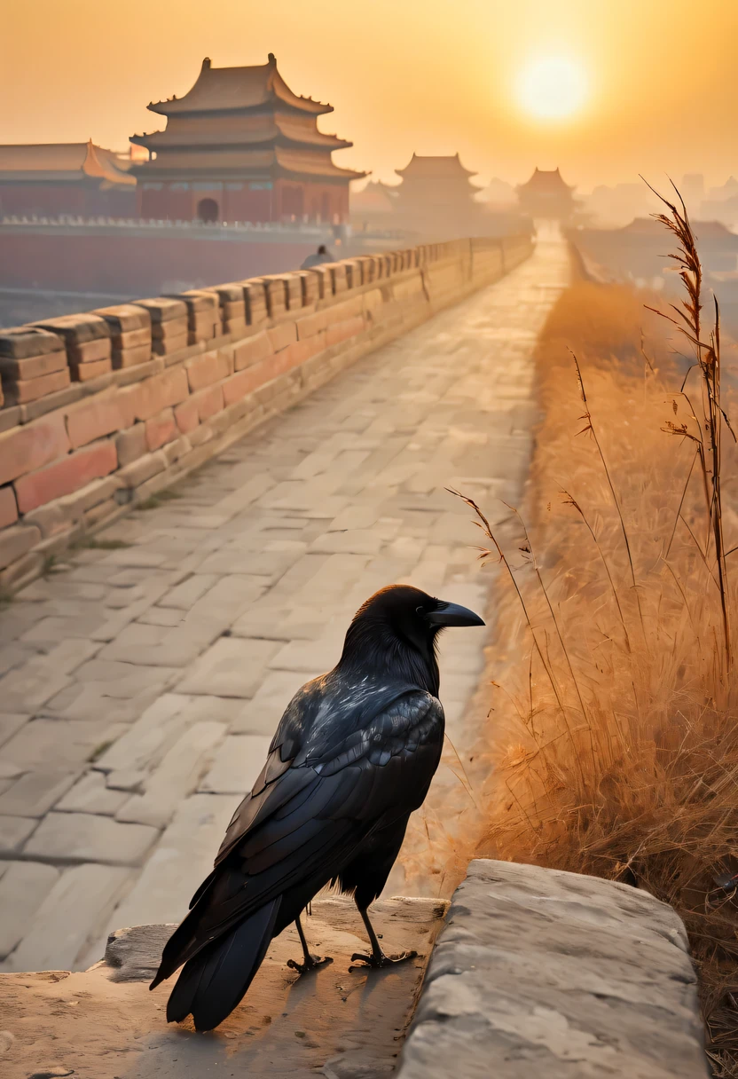 dead crow,Ancient road westerly wind,Looking into the distance,sunset in ancient capital,well worn,The city wall is mottled,wild grass fire,Silent and desolate,the forbidden city