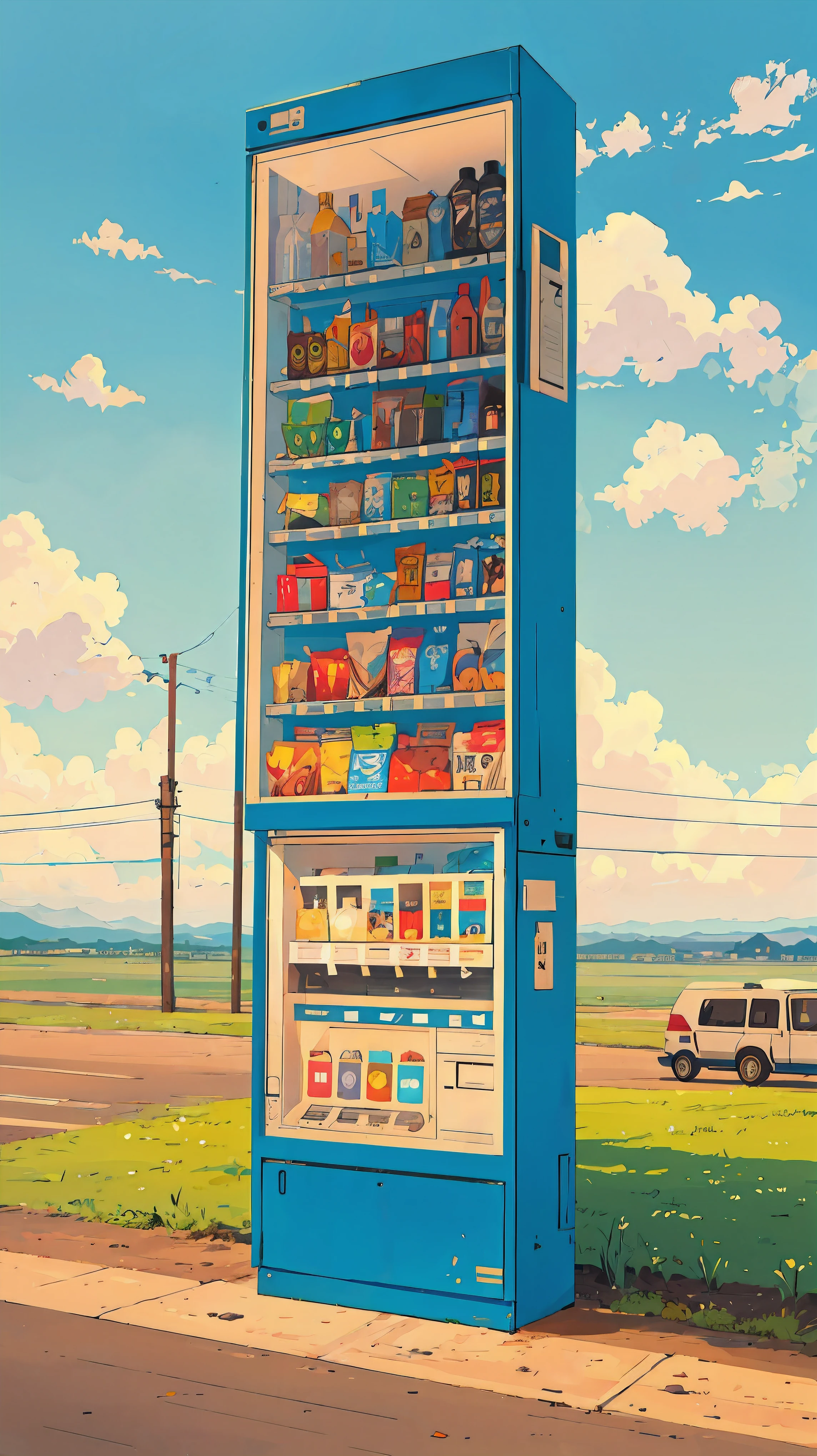 Vending machine at a distance on roadside with Dustbin, telephone poles, cloudy sky, birds, cars in background, wide angle shot, highly detailed, highly sharpened