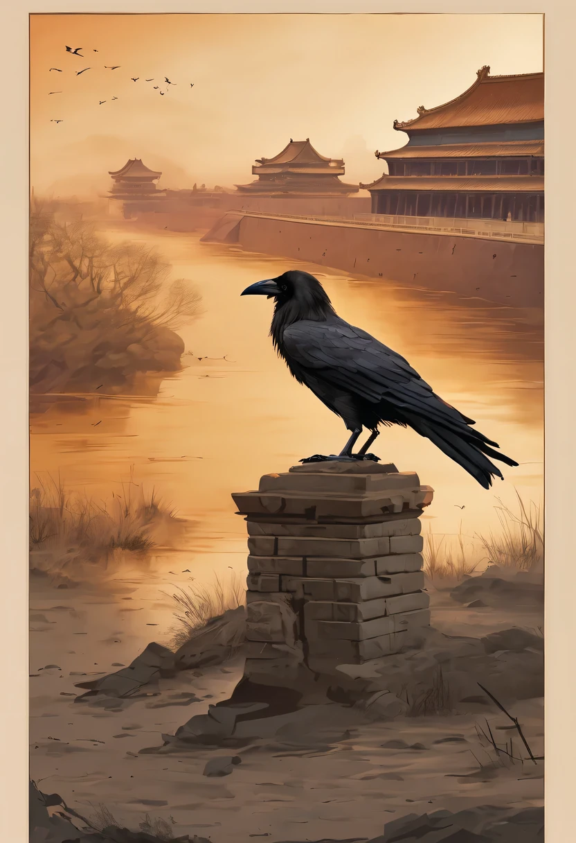 dead crow，Ancient road westerly wind，Looking into the distance，sunset in ancient capital，well worn，The city wall is mottled，wild grass fire，Silent and desolate，the forbidden city