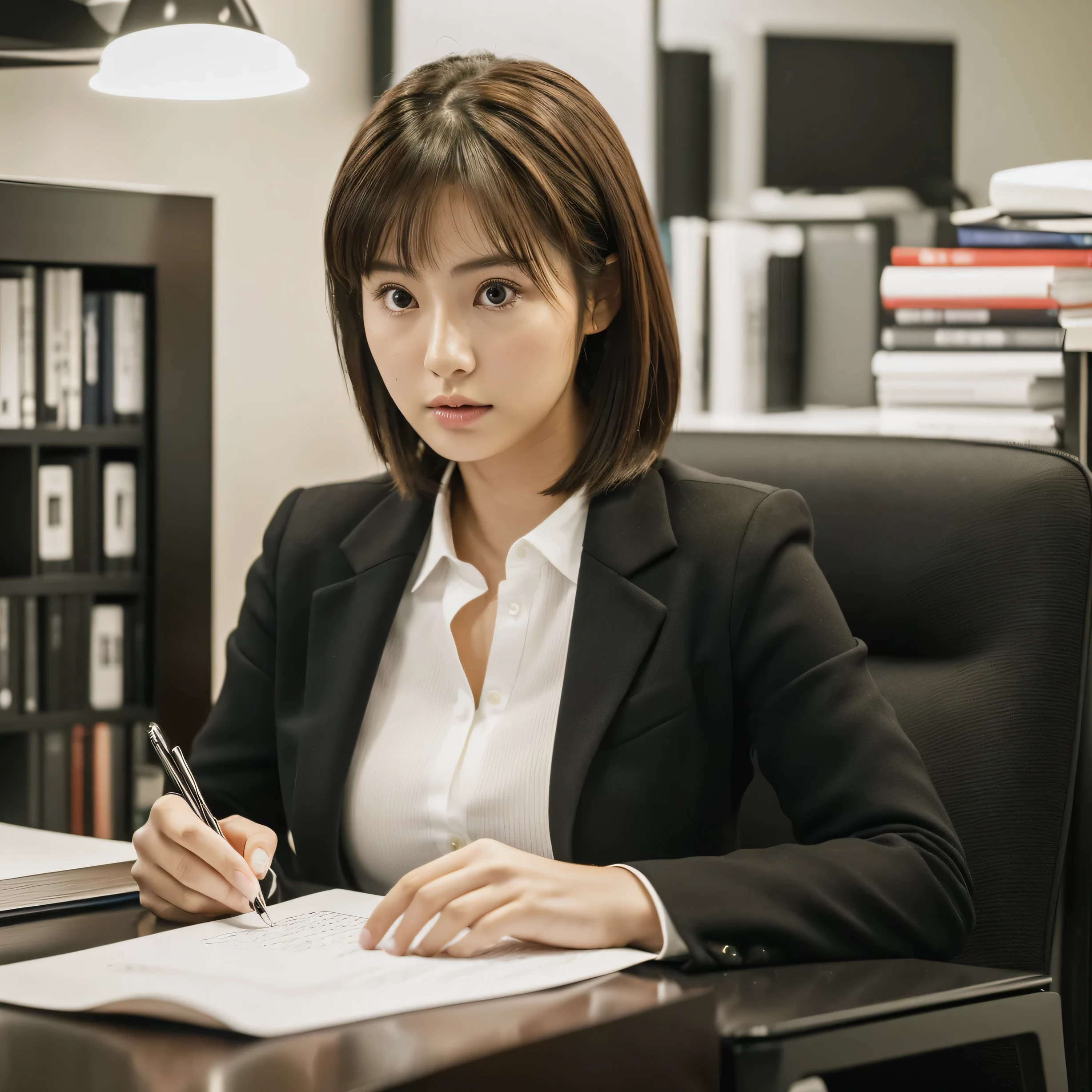 1 girl, (highest quality ,masterpiece,ultra high resolution,(photo-realistic:1.4), beautiful woman with perfect figure: 1.4, (((24-years-old, japanese actress, medium hair)), very detailed)), suit, office,Serious expression while looking at documents
